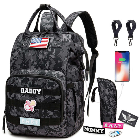 Diaper Bag Backpack for Dad and Mom with USB Charging Port Stroller Straps and Insulated Pocket,army military Travel Nappy Backpack for Daddy/Mommy (Black)