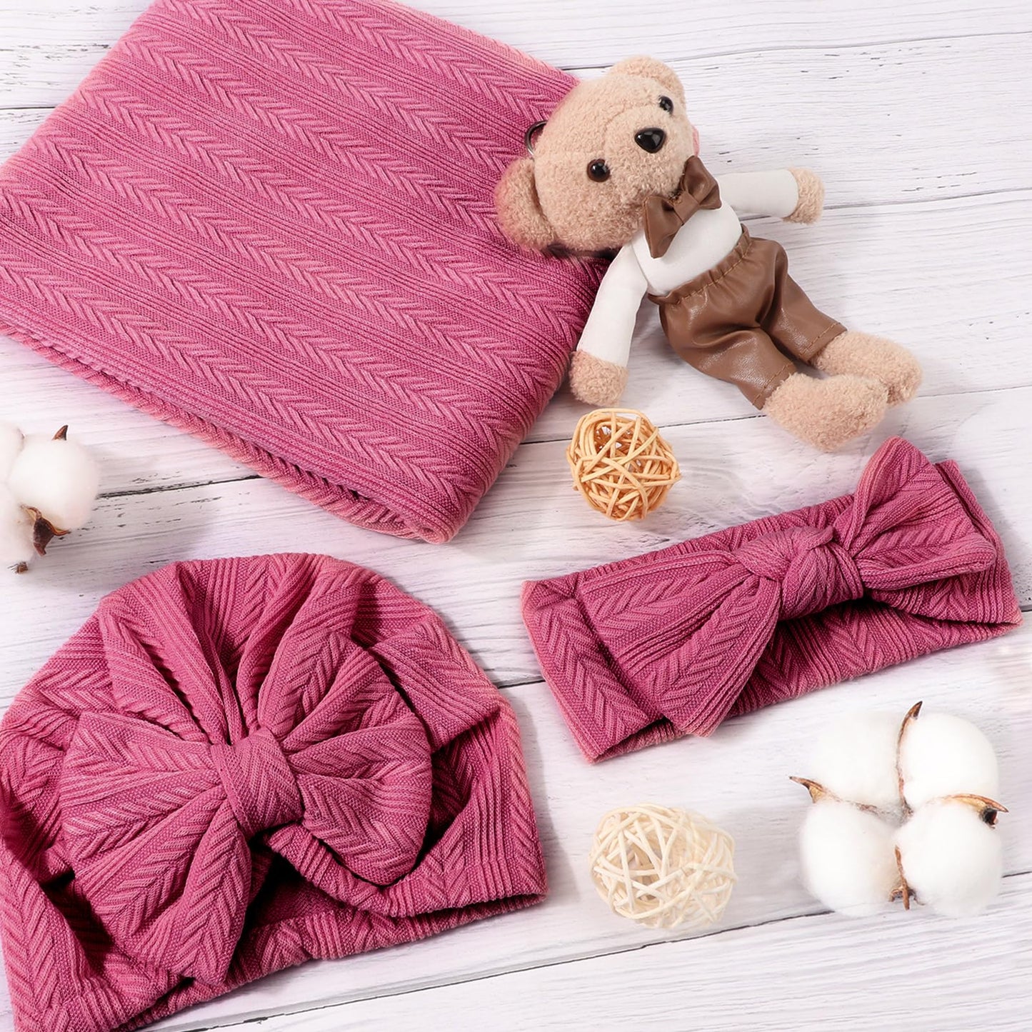 DRESHOW BQUBO Baby Swaddle Blankets for Girls, 4PCS Newborn Accessories Set with Matching Hat and Bow Headband with Card