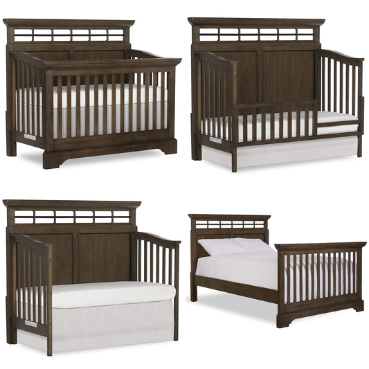 Evolur Empire 5-in 1 Convertible Crib with Metal Elements in Distressed Timber, Green Guard Certificated, Free Mattress