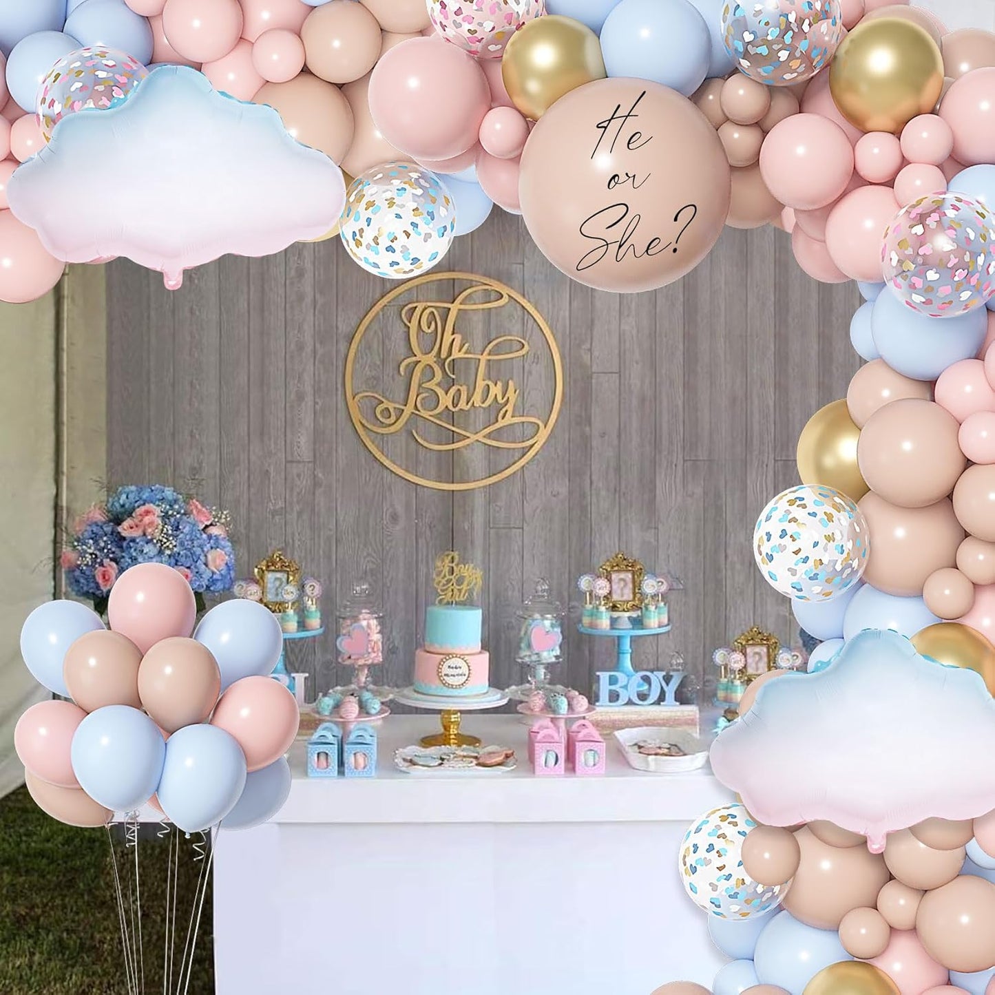 Amandir 185Pcs Gender Reveal Decorations, Double-Stuffed Pastel Pink and Blue Brown Nude Balloon Arch Kit White Cloud Hanging Moon Star Garland Boho Neutral Boy or Girl Bear Baby Shower Party Supplies