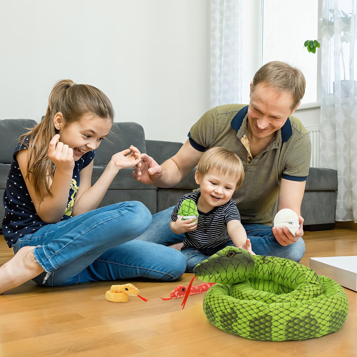 MorisMos Snake Stuffed Animals Plush Toy 120 Inch Giant Snake Plush with Babies Stuffed Snake Toys for Kids Plush Party Decorations Favors Prank Props, 4 Snake Babies, 3 Snake Eggs