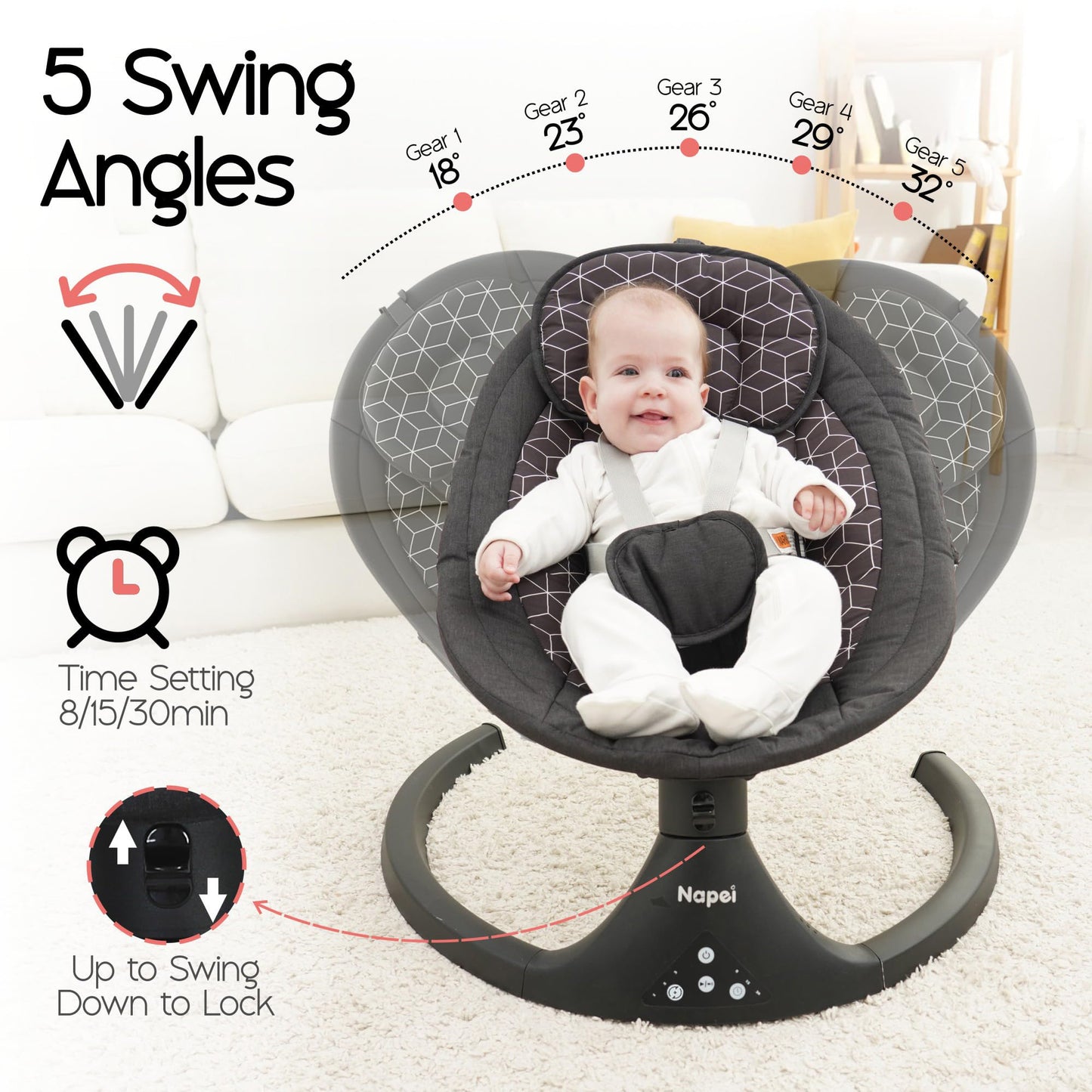 Baby Swings for Infants to Toddler, Electric Baby Swing and Infant Swings for Newborn, 10 Music with Remote Control and Bluetooth, 5 Swing Angles with Gentle Speed, 2 Seat Position, 0-9 Month (Gray)