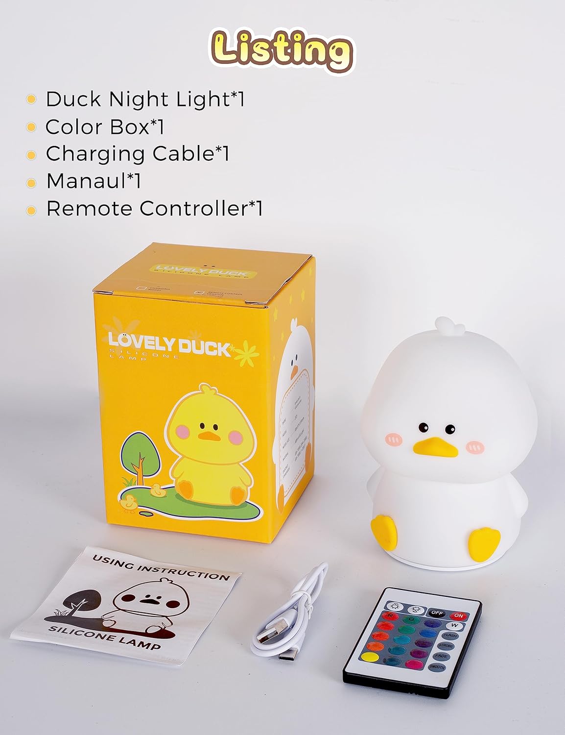 L LOHAS LED Cute Duck Night Light, Kawaii Duck Lamp, Desk Decor, Cute Stuff, Squishy Duck Light, 16 Colors Table Lamp with Remote Control, USB Rechargeable, Ideal Funny Gifts