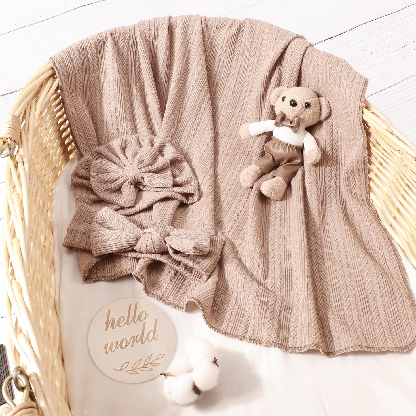 DRESHOW BQUBO Baby Swaddle Blankets for Girls, 4PCS Newborn Accessories Set with Matching Hat and Bow Headband with Card