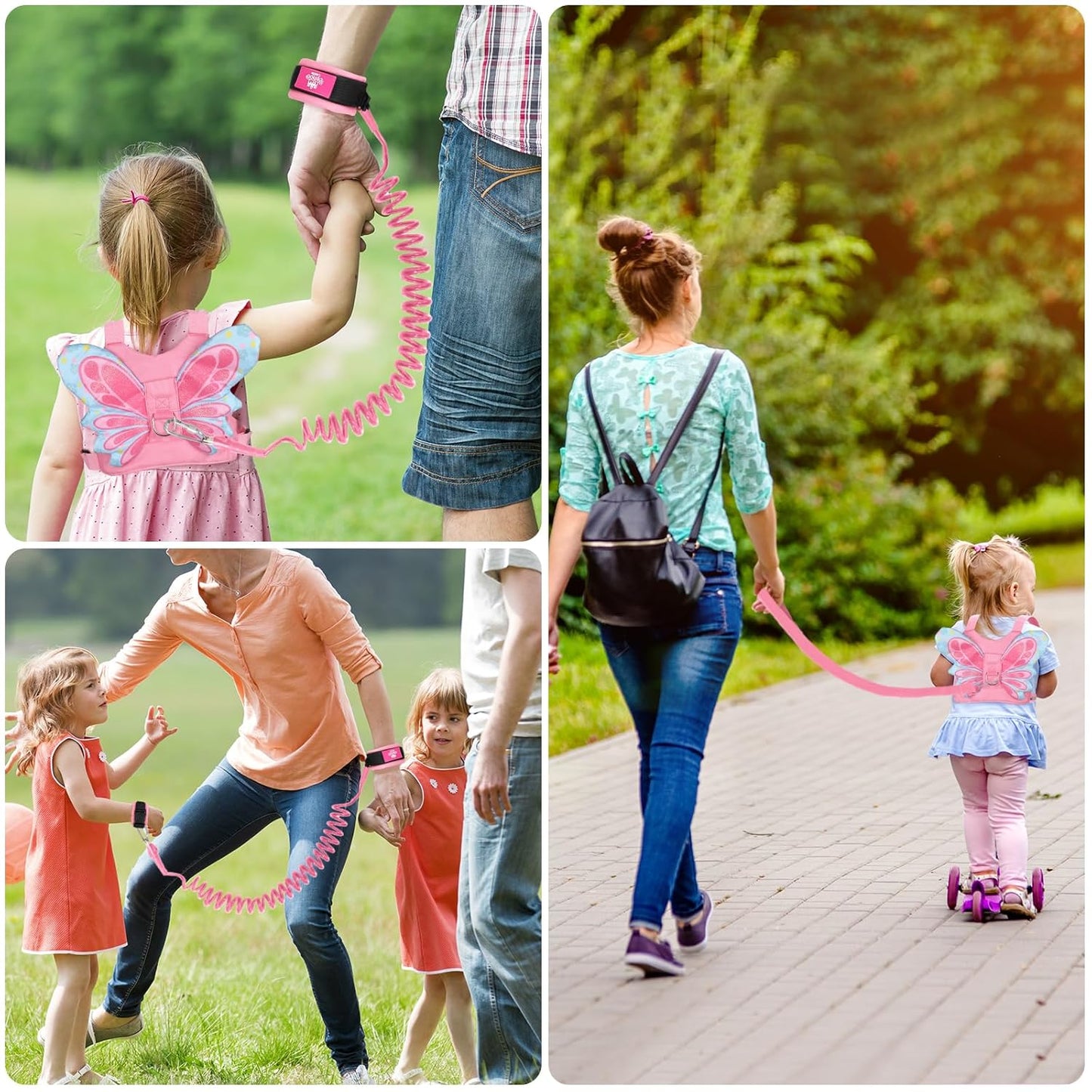 Lehoo Castle Toddler Leash for 1-5 Years, Baby Safety Harness for Girls with Anti-Lost Key Lock & Adjustable Strap, 3-in-1 Wrist Leash and Kids Backpack Harness for Walking Travel (Pink Butterfly)