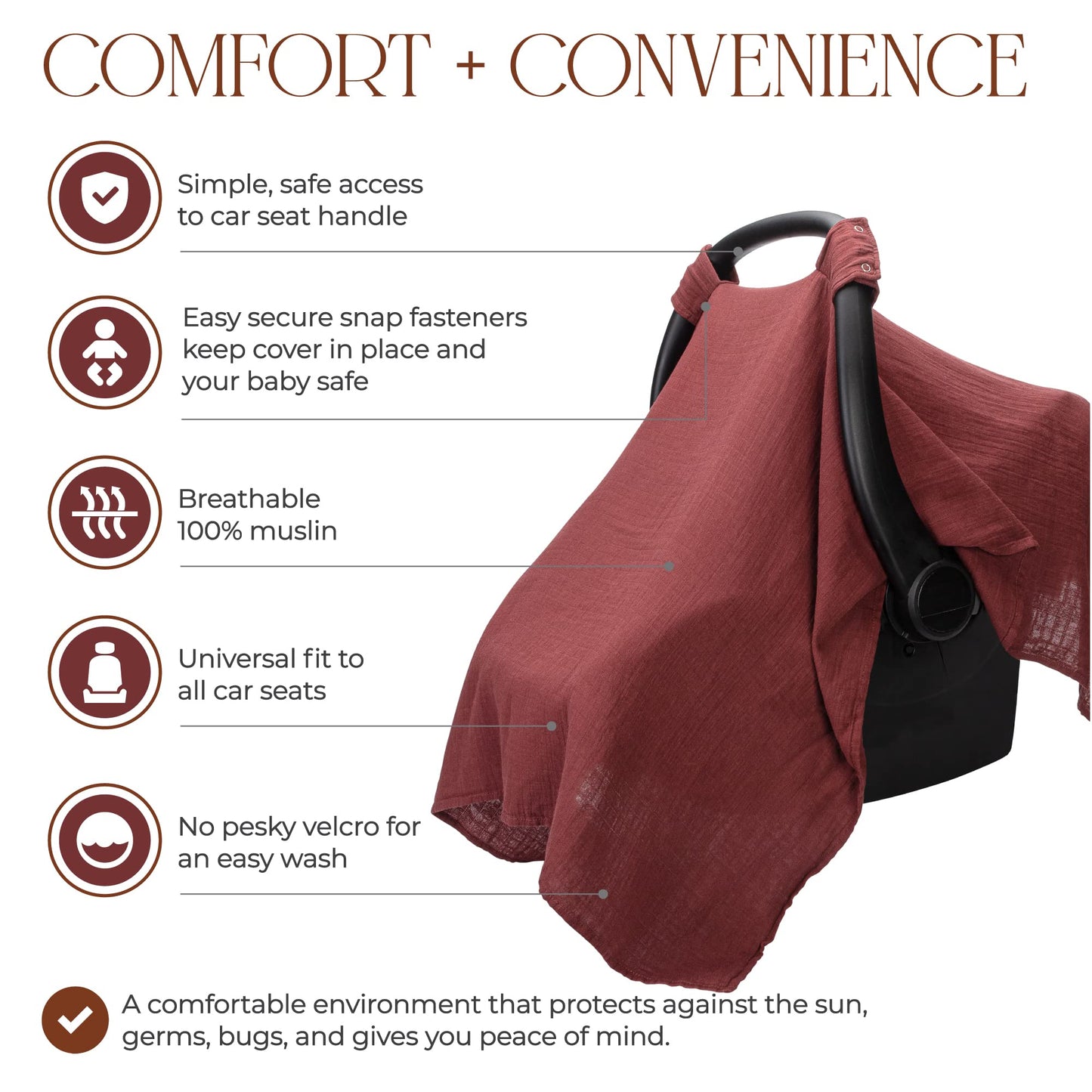 Comfy Cubs Baby Car Seat Cover - Soft, Breathable Bamboo Rayon and Muslin Cotton Blend - Lightweight Canopy for Sun, Bug, and Comfort Protection - Large Size Infant Seat Cover in Sage Design