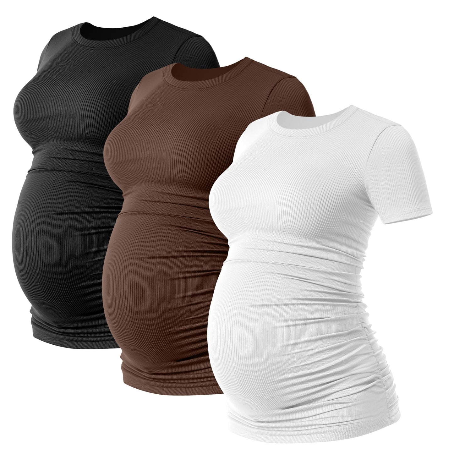Ficerd 3 Pack Women's Maternity Shirts Cotton Short Sleeve Pregnancy Tops Side Ruched Ribbed Casual Mama tees Clothes