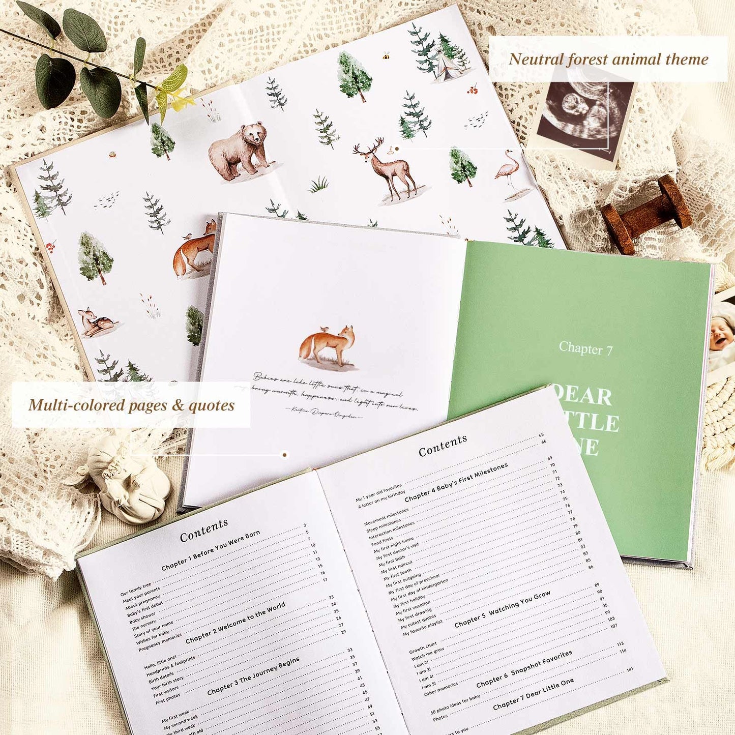 Lanpn Baby Memory Book - Linen Baby Book Journal Memories Keepsake - The Story of You - Newborn Baby First 5 Year Scrapbook Photo Book Milestone Album for Boy Girl New Parents (Sage Green, 154 Pages)