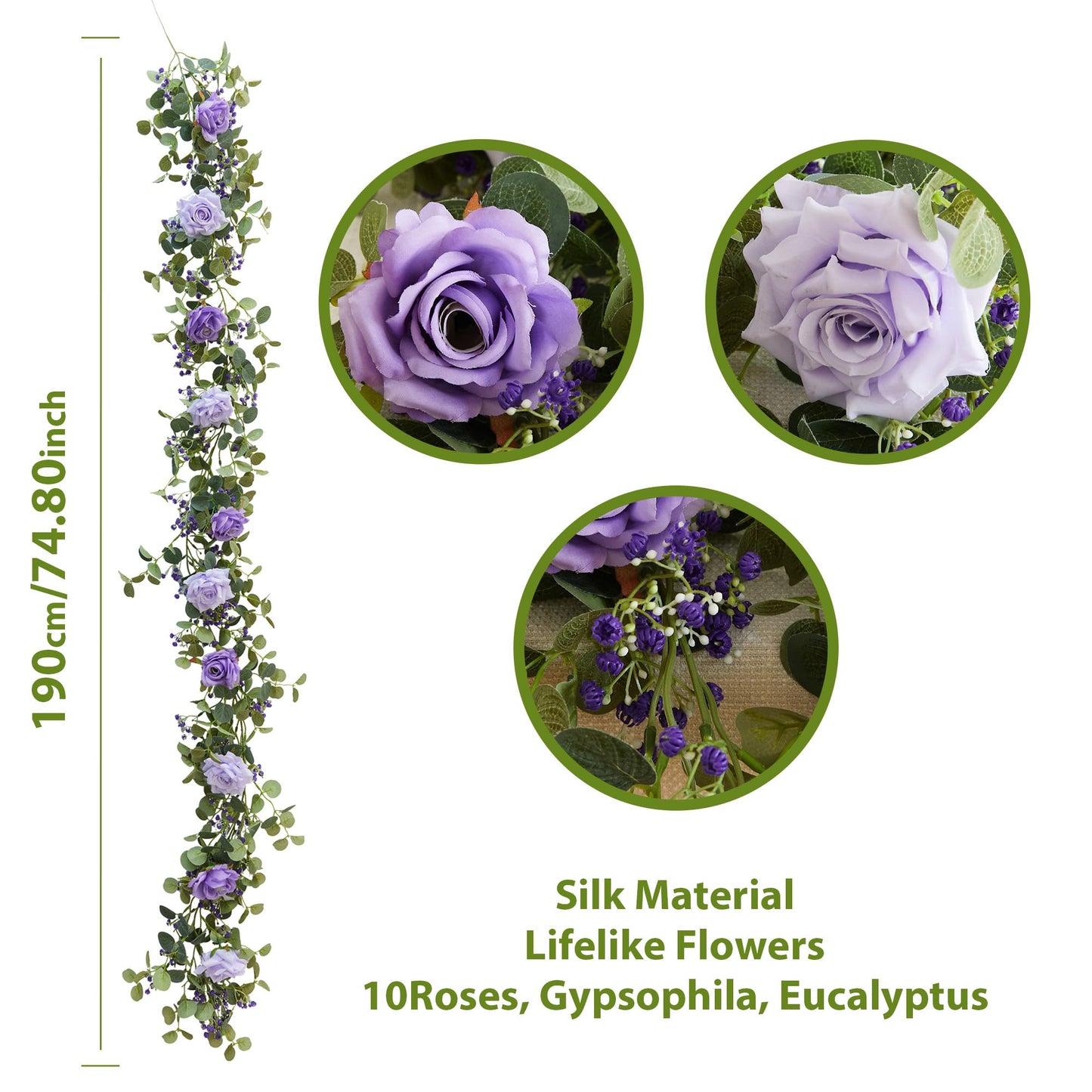 Anna's Whimsy 5.91FT Artificial Eucalyptus Garland with Flowers, Fake Flower Rose Gypsophila, Faux Floral Greenery Garland for Wedding Spring Home Party Craft Art Table Runner Decor