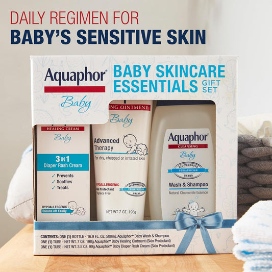 Aquaphor Baby Skincare Essentials Gift Set with Baby Wash and Shampoo, Healing Ointment, and Diaper Rash Cream, Baby Gifts for New Moms, 3 Pieces
