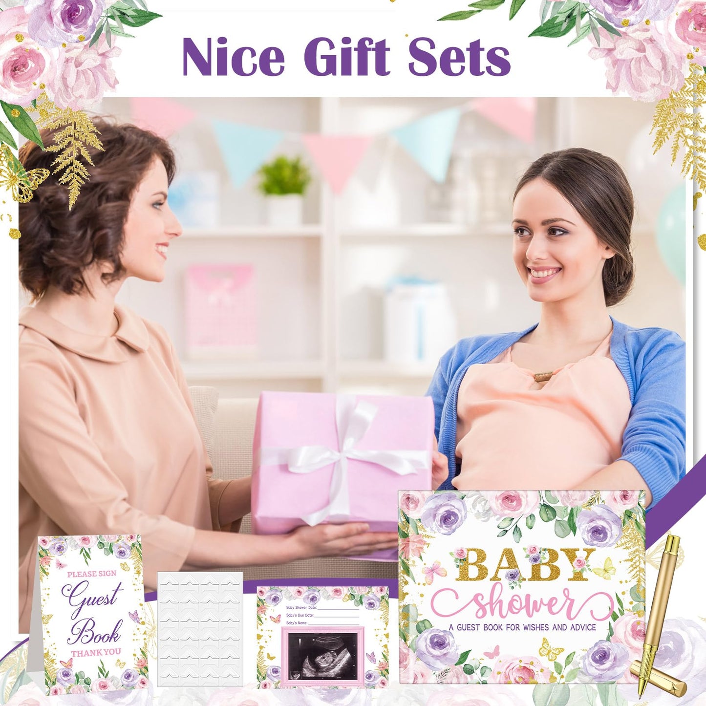 27 Pcs Butterfly Floral Baby Shower Guest Book Set Baby Shower Sign in Guest Floral Book Place Table Cards with Gold Pen Adhesive Photo Corner for Birthday Party