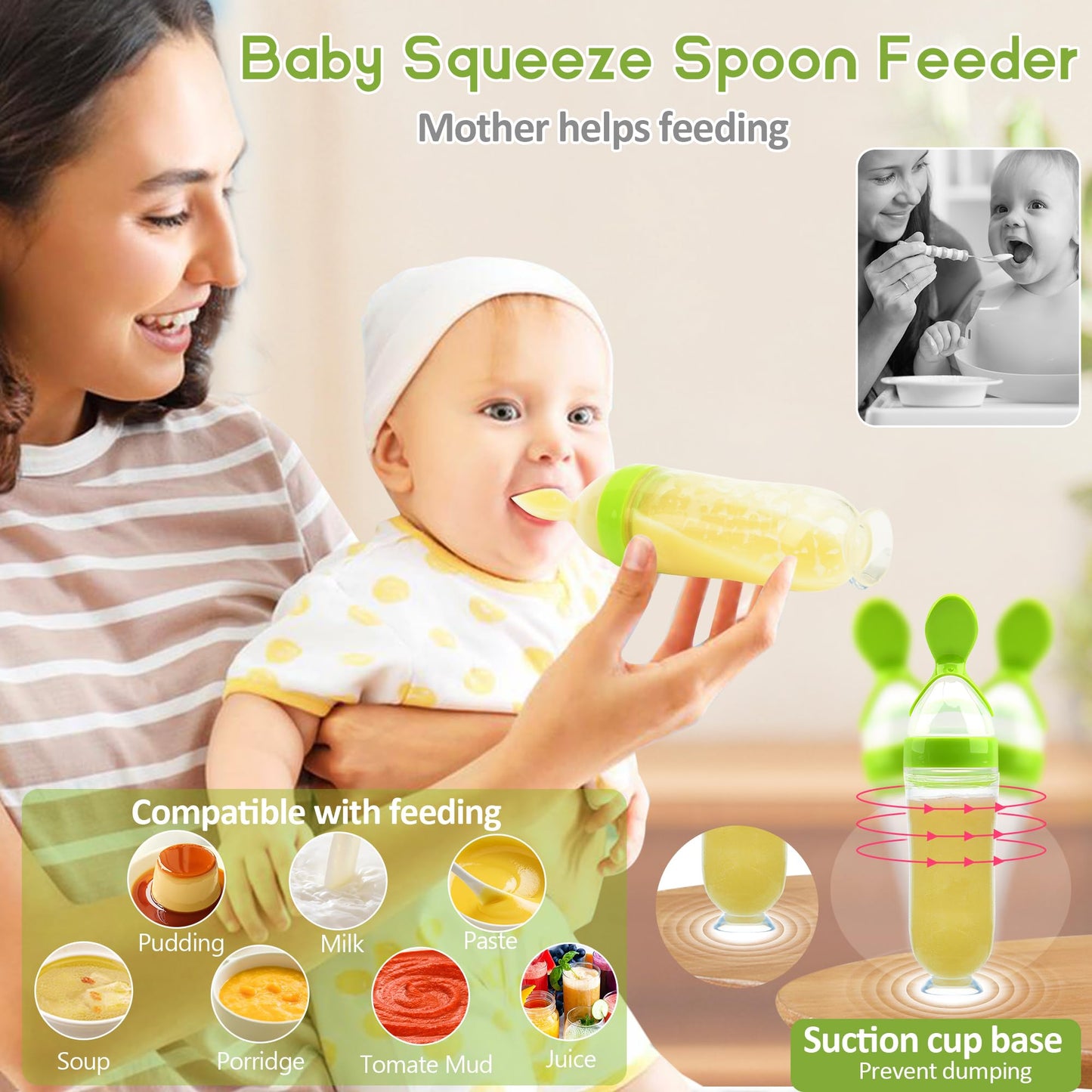 Food Feeder for Baby, Fruit Feeder Pacifier (3 Pcs) with 6 Different Sized Silicone Pacifiers 1 PCS Silicone Baby Food Dispensing Spoon 90ML with 1 PC Baby Spoons 1 PC Pacifier Clip Baby Feeding Set