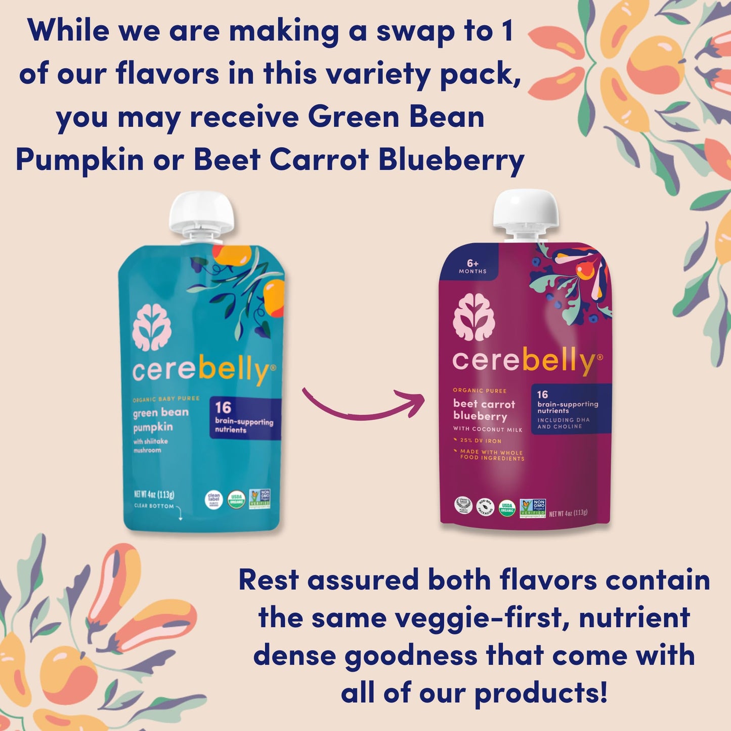 Cerebelly Organic Baby Food Pouches Variety Pack – Organic Veggie Purees for Toddlers | No Added Sugar, Fiber, Non-GMO | Blended Toddler Pouches | 4 Ounce BPA-Free Pouch | 4 Flavors | 8 Count