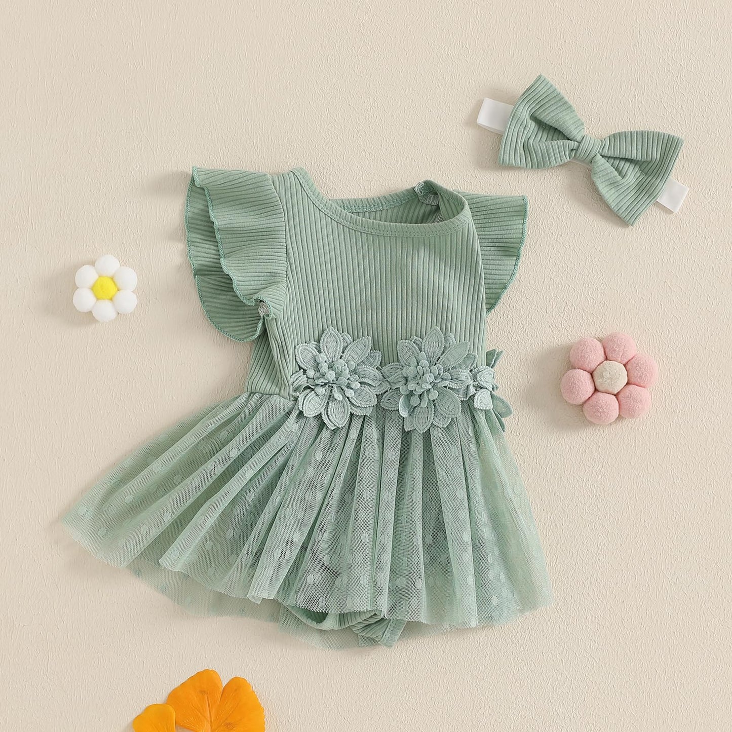 Hnyenmcko Newborn Baby Girl Summer Romper Dress Infant Fly Sleeve Flower Embroidery Mesh Tulle Skirt Hem Ribbed Bodysuit