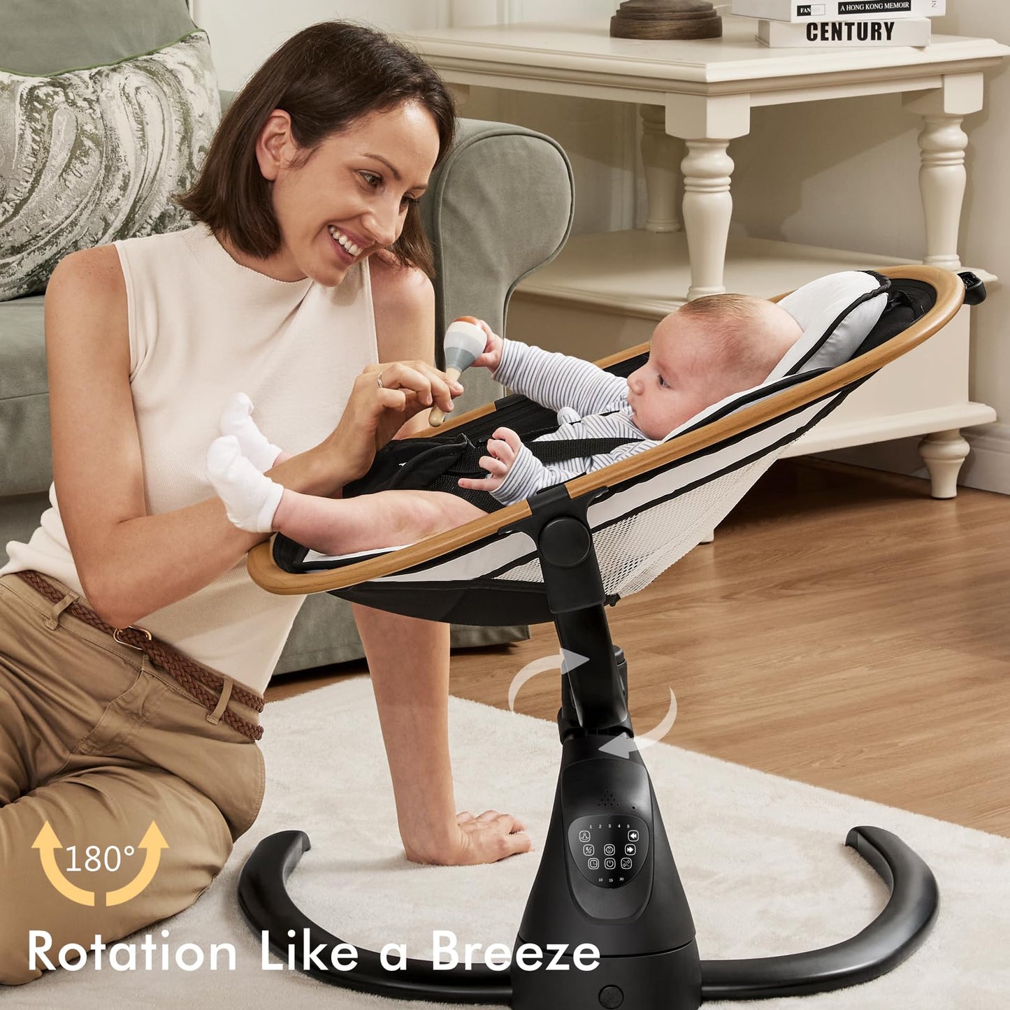 Angelbliss Baby Swing with Cry Detection, Side-to-Side Electric Swing with 5 Speeds, 180° Rotation, Indoor for Infants and Toddlers (Black)