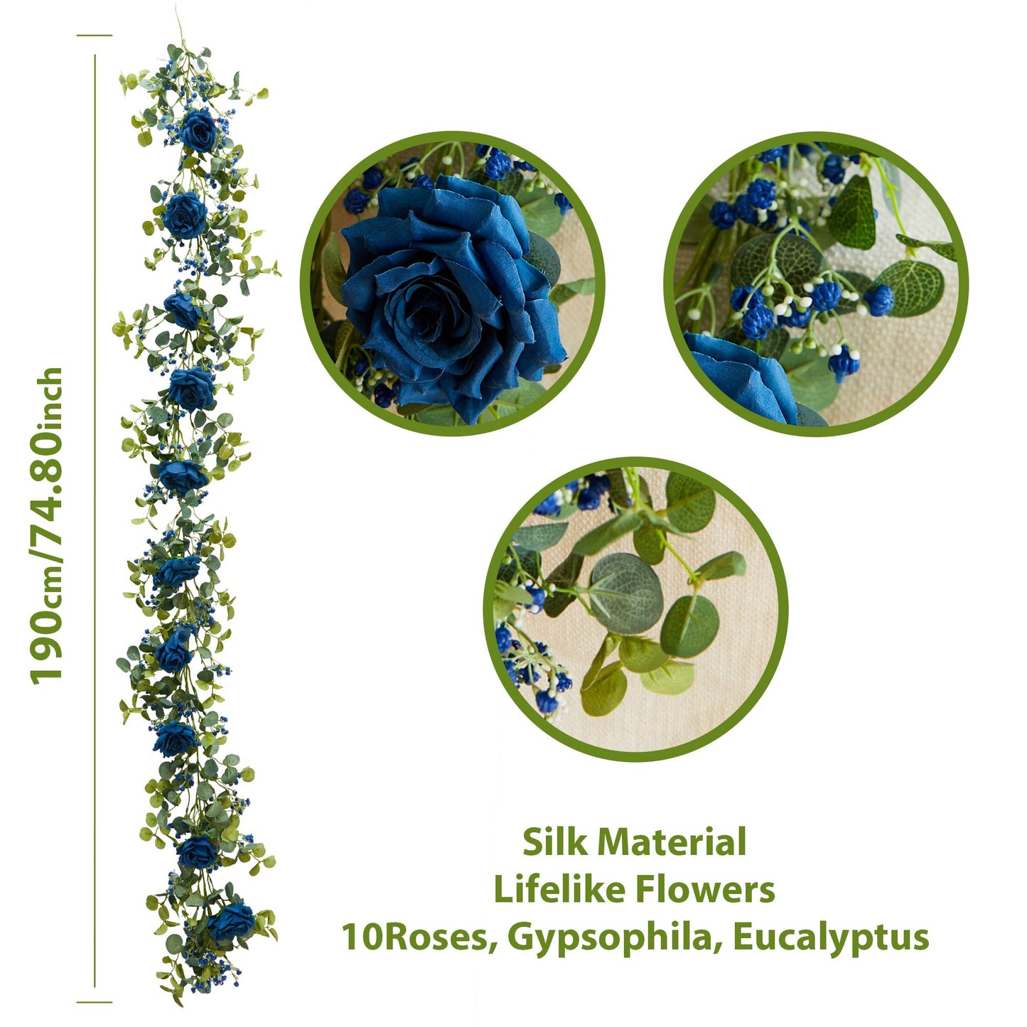 Anna's Whimsy 5.91FT Artificial Eucalyptus Garland with Flowers, Fake Flower Rose Gypsophila, Faux Floral Greenery Garland for Wedding Spring Home Party Craft Art Table Runner Decor