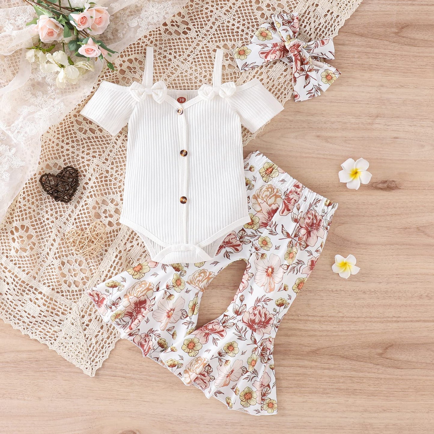 Fernvia Infant Baby Girl Clothes Suspenders Short Sleeve Ribbed Romper Flared Pants Set Headband 3pcs Summer Outfit
