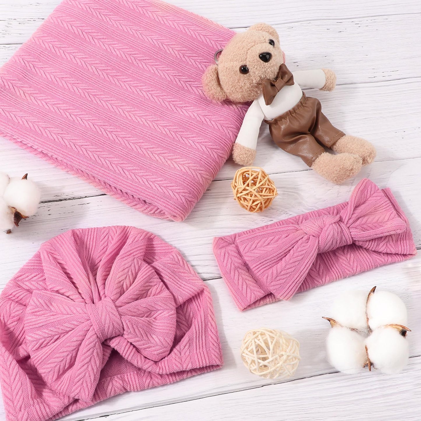 DRESHOW BQUBO Baby Swaddle Blankets for Girls, 4PCS Newborn Accessories Set with Matching Hat and Bow Headband with Card