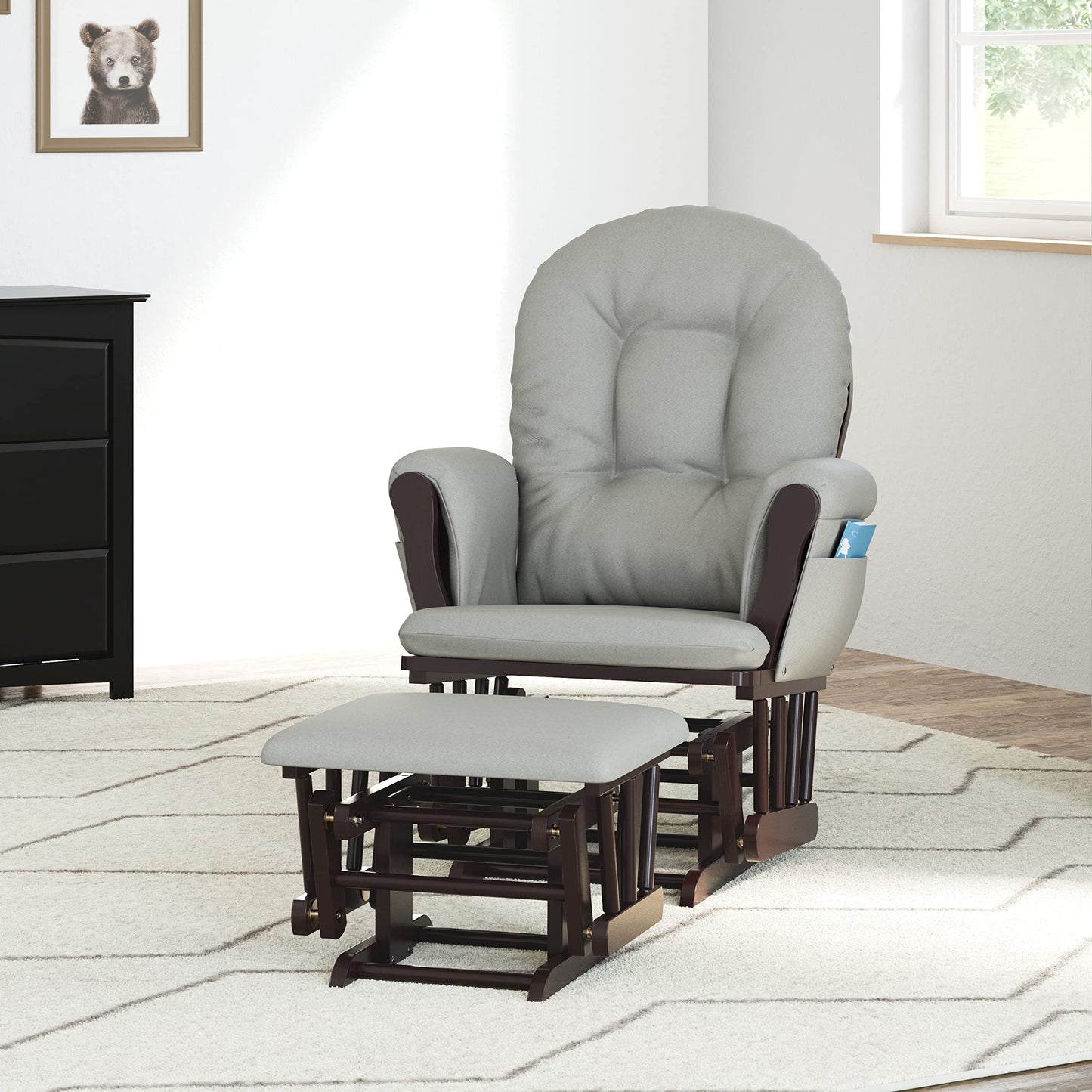 Storkcraft Premium Hoop Glider and Ottoman (Espresso Base, Gray Cushion) – Padded Cushions with Storage Pocket, Smooth Rocking Motion, Easy to Assemble, Solid Hardwood Base