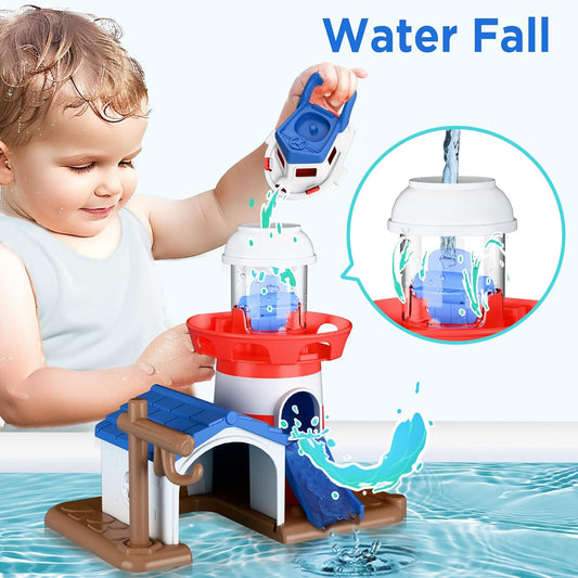 iPlay, iLearn Bath Toys for Toddlers 2-4, Kids Lighthouse Bathtub Shower Toy Set W/ Wind up Swimming Boats, Pool Floating Fish Baby Bathtime Water Play, Birthday Gift 18 Month, 3 5 6 Year Old Boy Girl