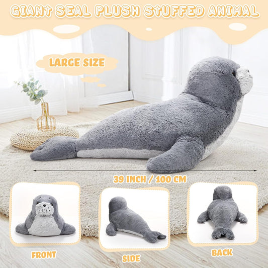 Poen 39 Inch Giant Seal Plush Stuffed Animal Large Fat Soft Cuddly Grey Cute Hug Seal Plush Toy Adorable Big Pillow Gift for Kids Sleeping Companion Birthday Ocean Animals Decor