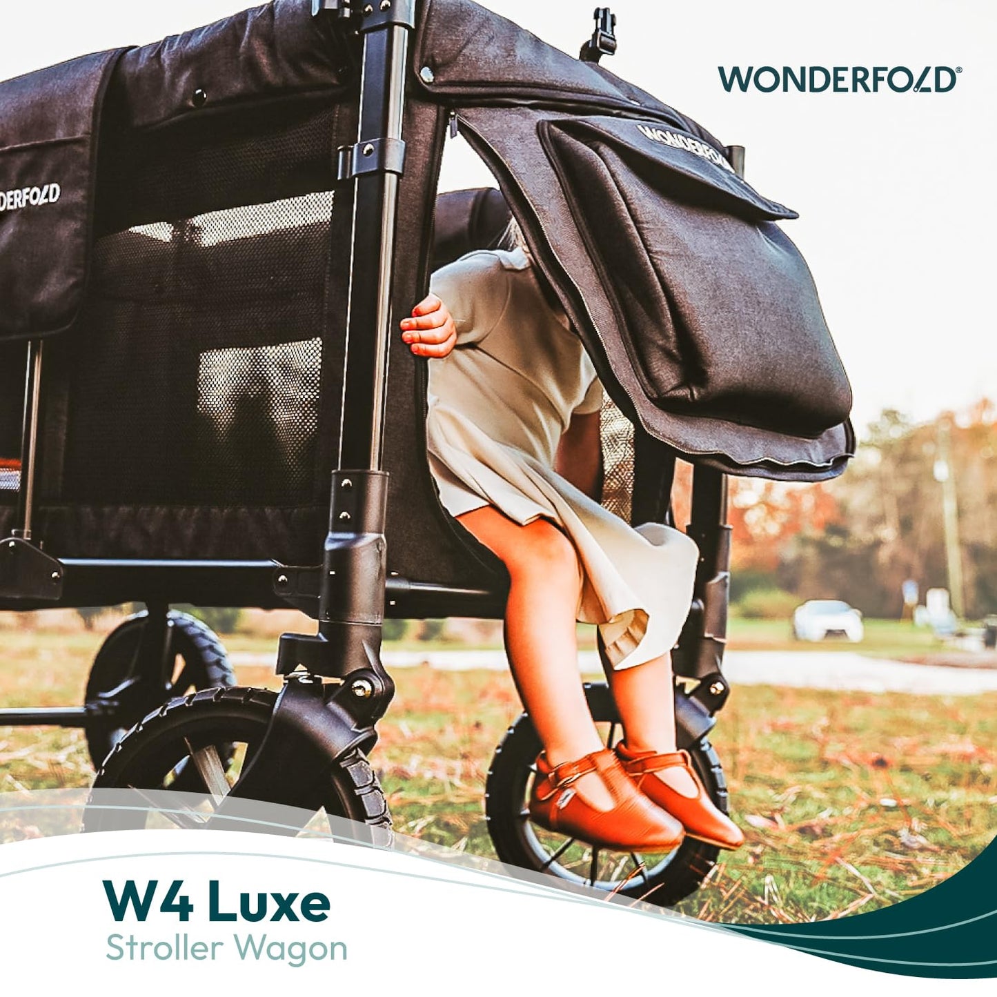 WONDERFOLD W4 Luxe Quad Stroller Wagon Featuring 4 High Face-to-Face Seats with Magnetic Buckle 5-Point Harnesses and Adjustable/Removable UV-Protection Canopy, Hunter Green