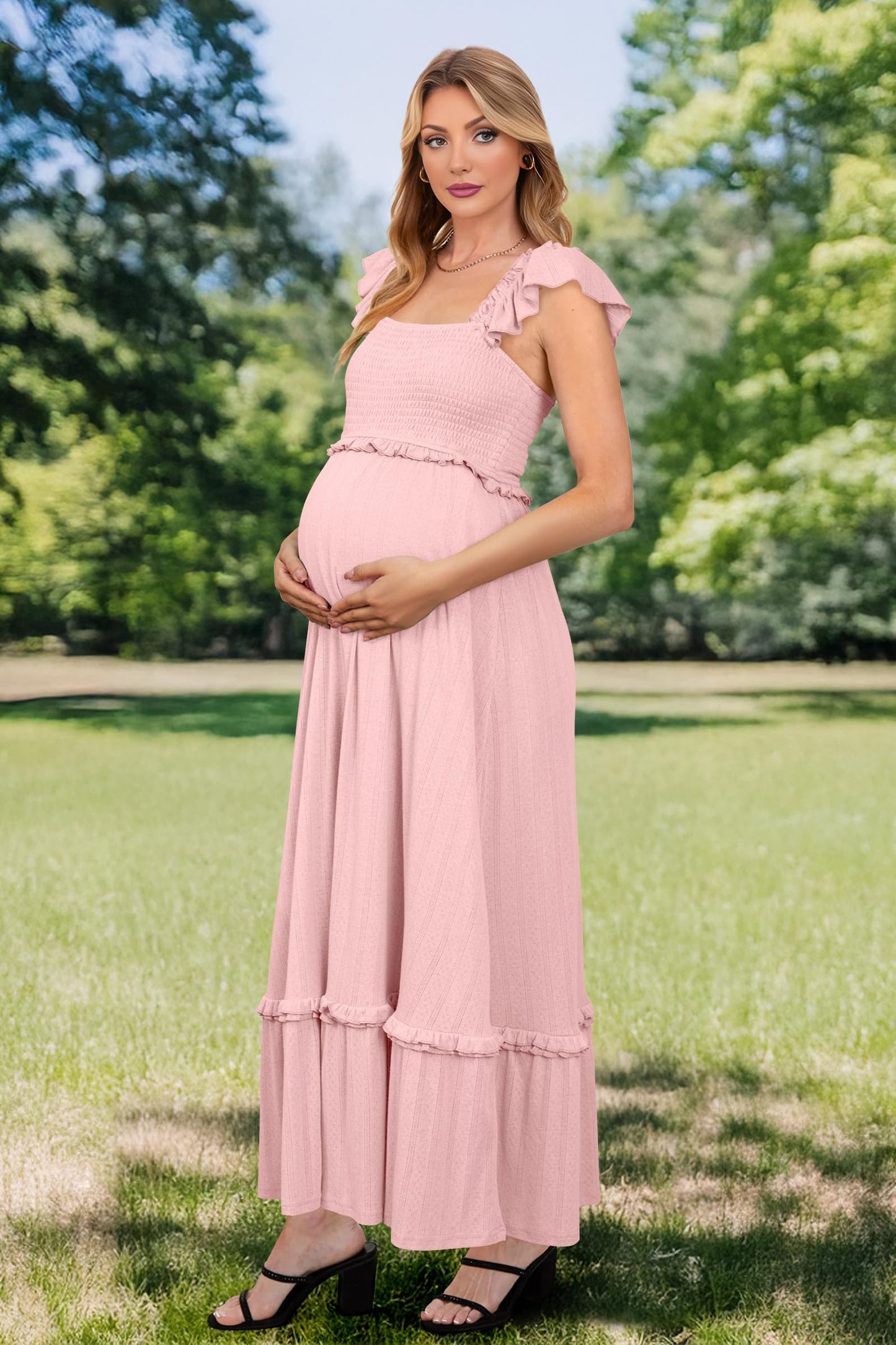 OUGES Womens 2025 Summer Maternity Photoshoot Dress Boho Maxi Smocked Baby Shower Dress Ruffle Sleeve Maternity Clothes