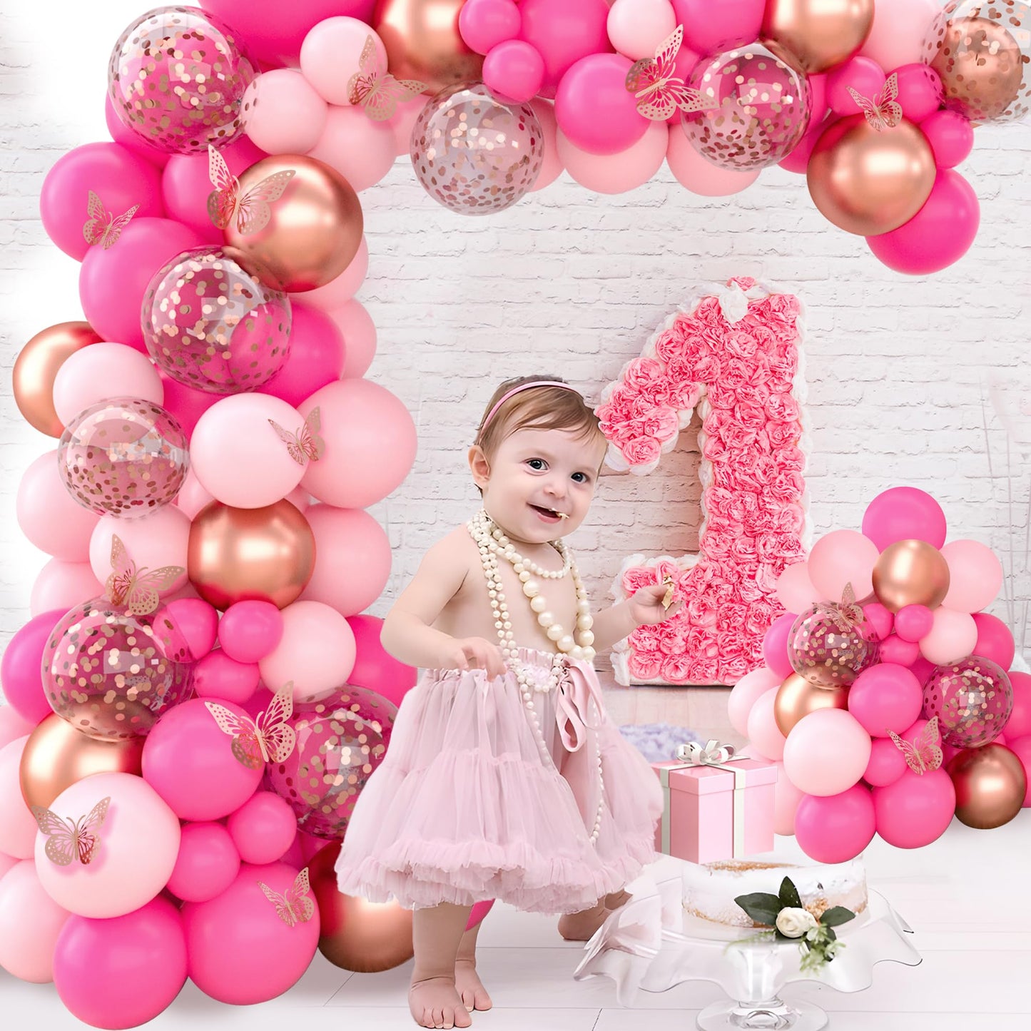 Pink Butterfly Baby Shower Decorations for Girl,Pink Balloon Garland Arch Kit,Pink Butterfly Baby Boxes and Butterfly Backdrop Kit for Baby Shower Butterfly Decorations Birthday Party Decor