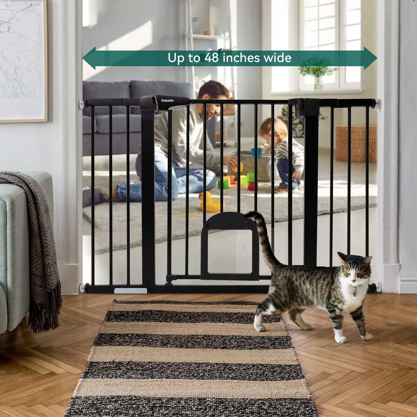 Babelio Upgraded Baby Gate with Cat Door, 29-43" Auto Close Durable Dog Gate for Stairs, Doorways and House, Easy Walk Thru Safety Gate with Pet Door Includes 4 Wall Cups, Black