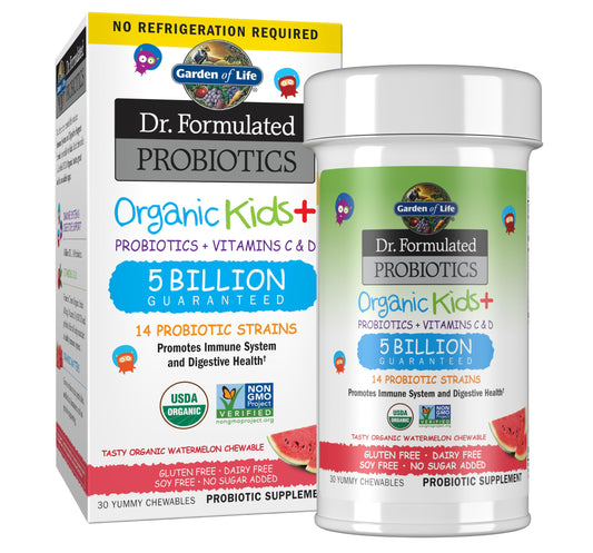 Garden of Life Dr. Formulated Probiotics Organic Kids+ Plus Vitamin C & D - Watermelon - Gluten, Dairy & Soy Free Immune & Digestive Health Supplement, No Added Sugar, 30 Chewables (Shelf Stable)