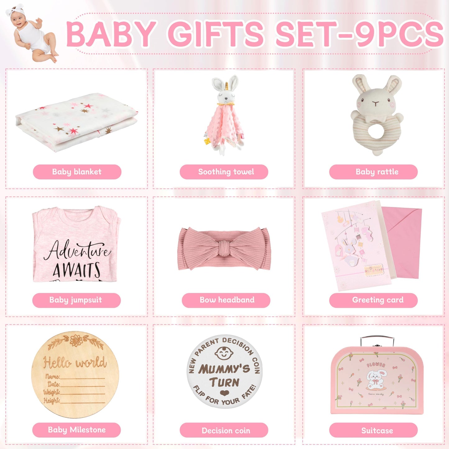 11 Pcs Baby Shower Gifts Basket for Newborns Baby Boy Gender Neutral Baby Gift Set with Baby Blanket Rattle, Milestone Security Blanket Decision Coin & Towels Socks Essentials for Baby Boys Girls