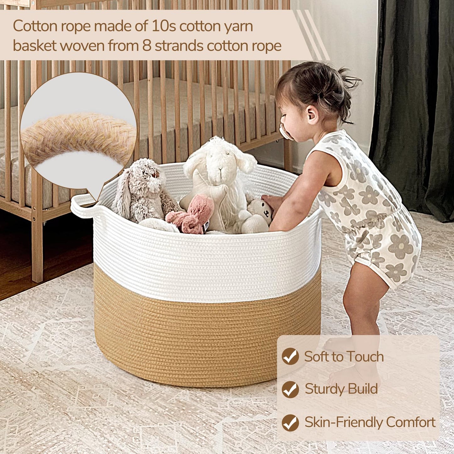 INDRESSME XXXLarge Cotton Rope Basket 21.7" x 21.7" x 13.8" Woven Baby Laundry Blanket Basket Toy Baskets with Handle Storage Comforter Cushions Thread Laundry Hamper