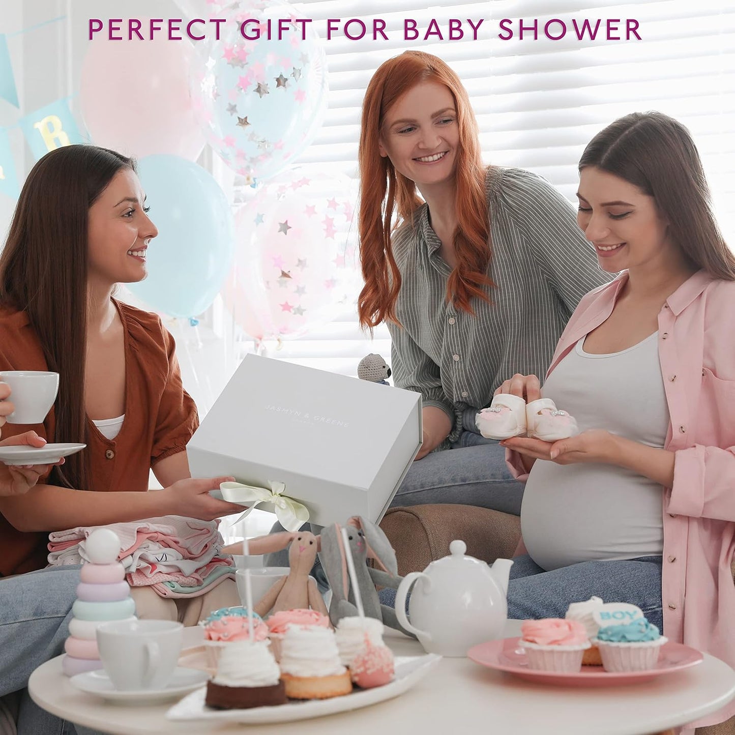 Jasmyn & Greene New Mom Gift Basket - 9 Luxury Baby Shower Gifts for Expecting Mommy To Be. Pregnant Moms Postpartum Kit Care Package. Newborn Baby Girl Gift Set with Pregnancy Spa Gifts for Women.