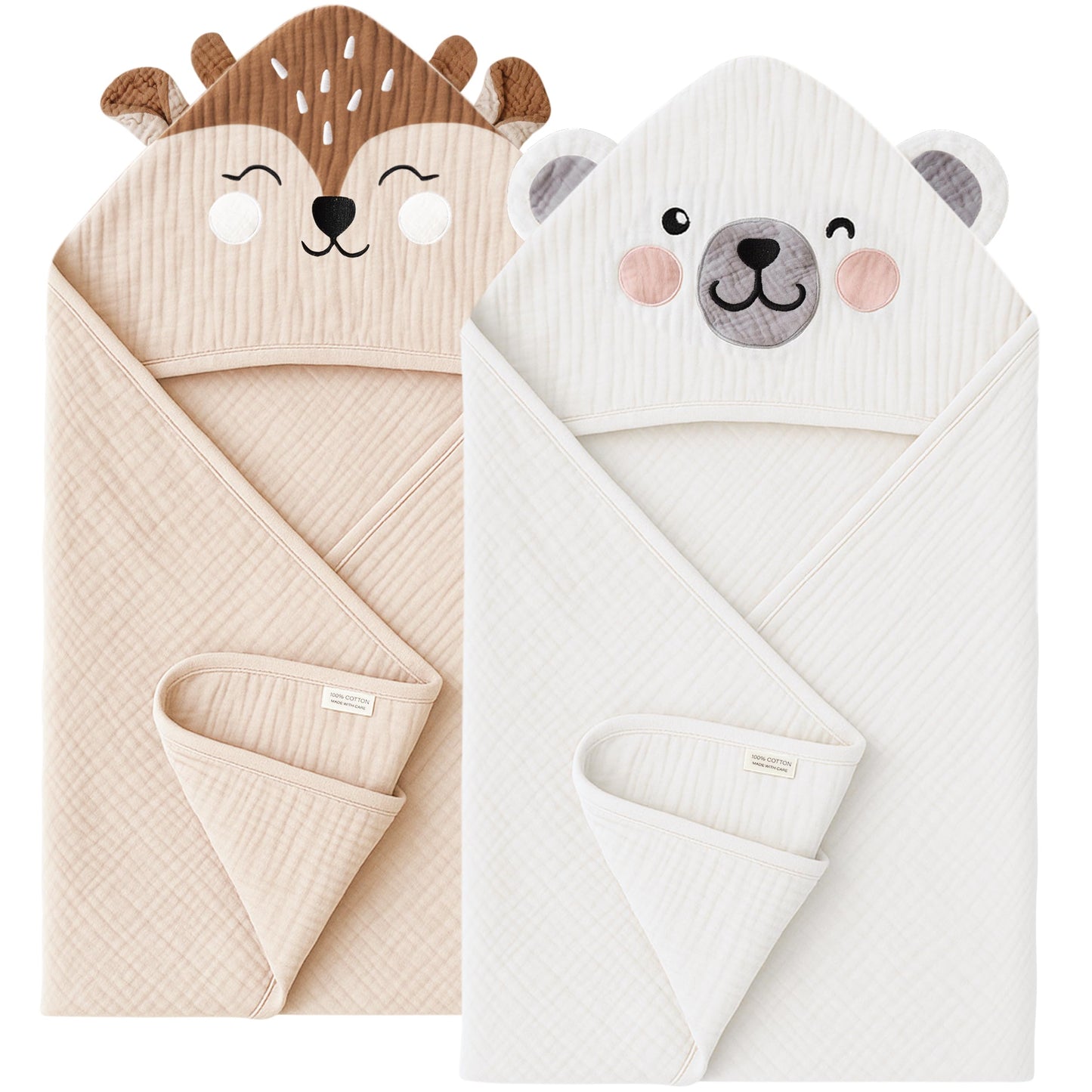 Konssy 2-Pack Muslin Baby Hooded Towels, Soft Cotton and Absorbent Baby Bath Towels for Newborn, Infant & Toddler with Animal Hooded Design (Bunny & Deer)