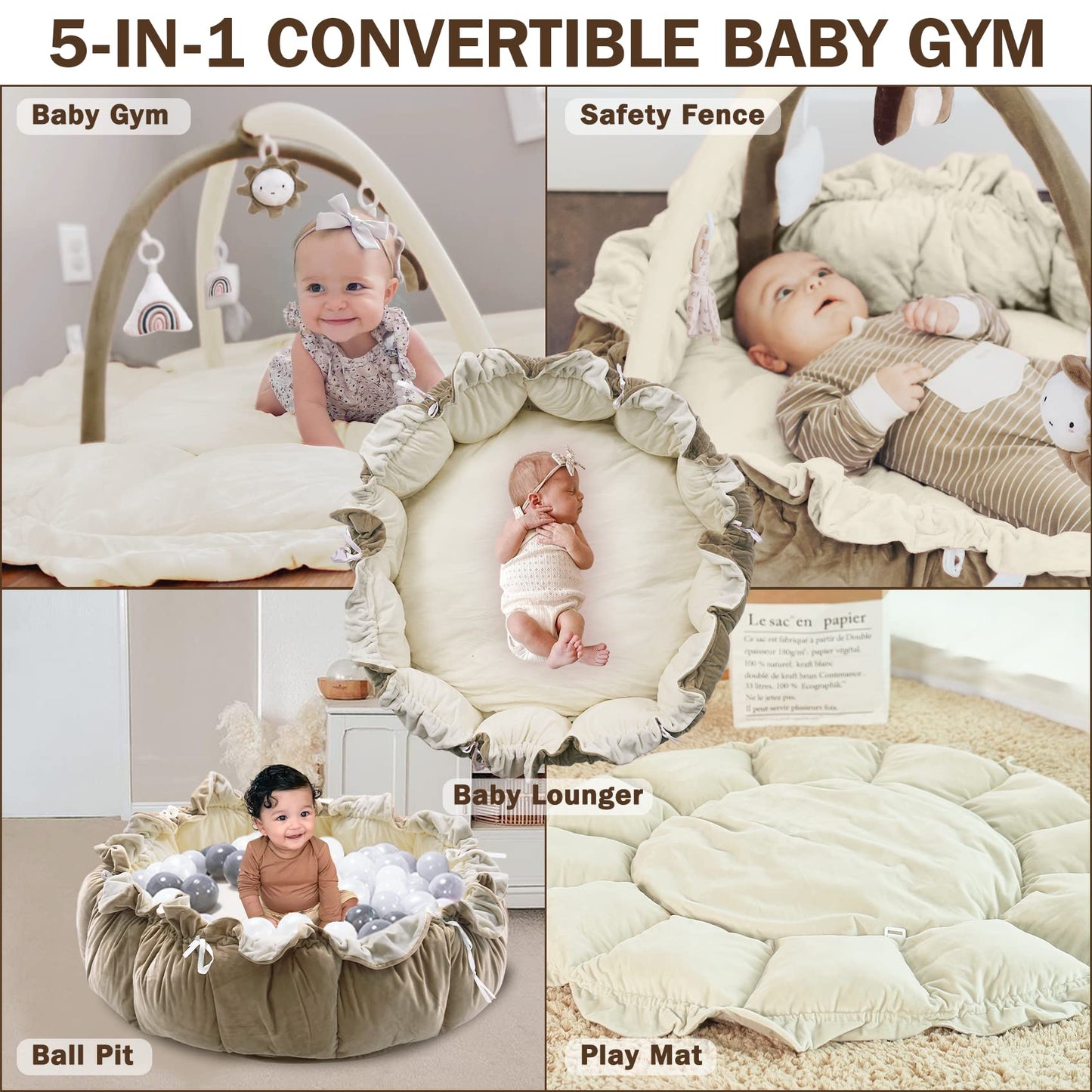 HAN-MM 5-in-1 Convertible Baby Play Gym with 6 Toys, Tummy Time Mat for Sensory Development, Baby Activity Center from Newborn to Toddler, Ball Pit, Cat & Dog Bed, Soft Plush Pet Bed, Pink