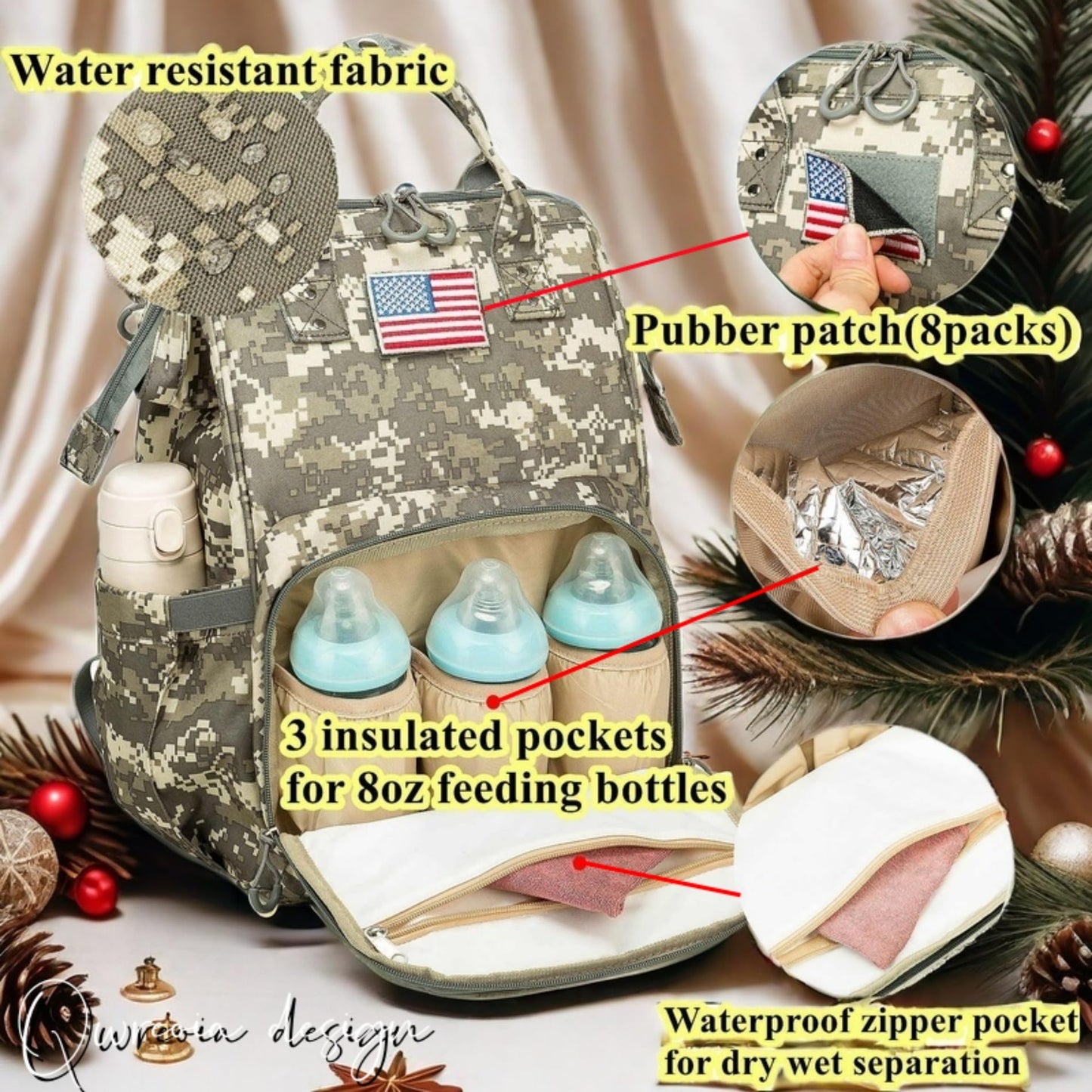 Diaper Bag Backpack for Dad and Mom with USB Charging Port Stroller Straps and Insulated Pocket,army military Travel Nappy Backpack for Daddy/Mommy (Black)