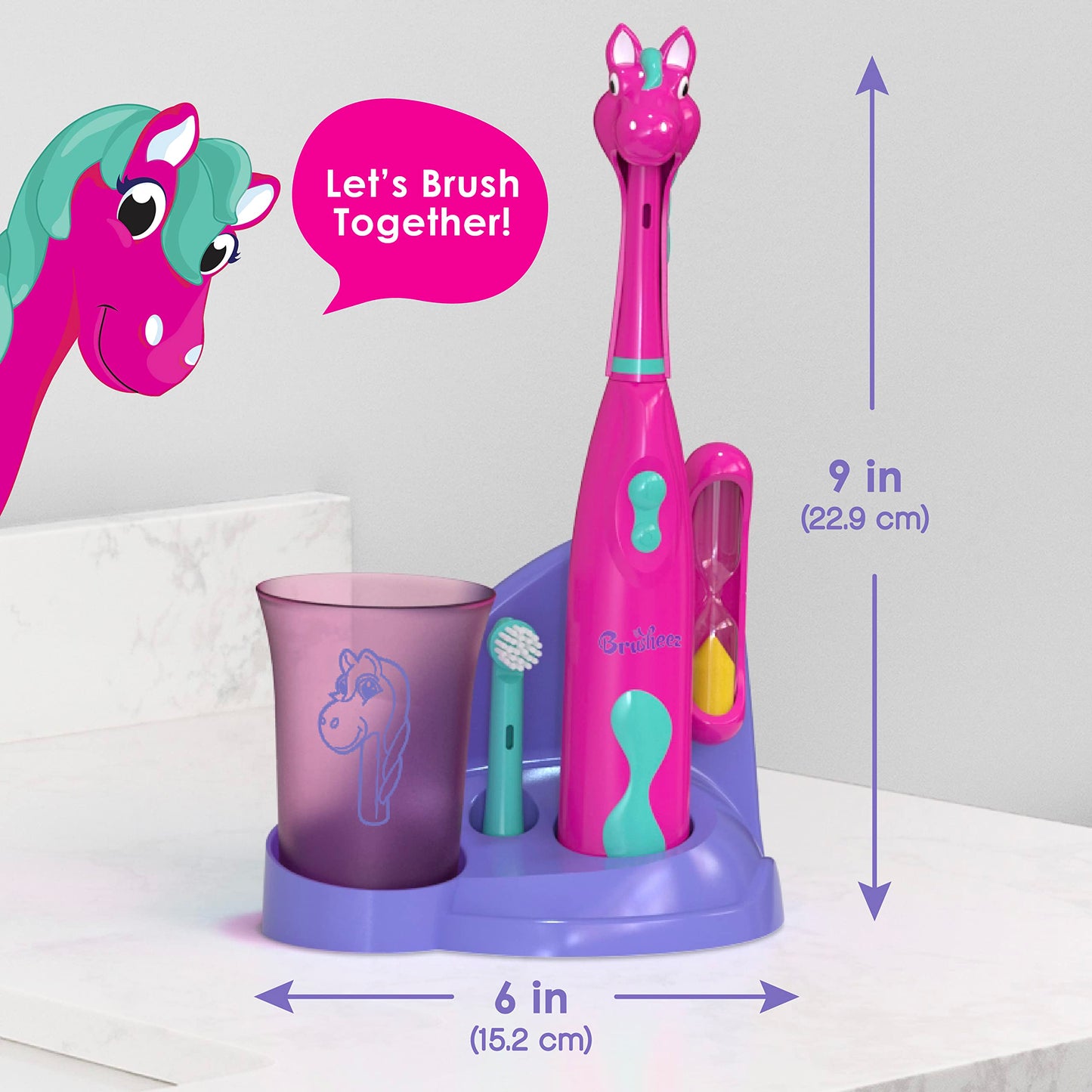 Brusheez Kids’ Electric Toothbrush Set - Safe & Effective for Ages 3+ - Parent Tested & Approved with Gentle Bristles, 2 Brush Heads, Rinse Cup, 2-Minute Timer, & Storage Base (Sparkle The Unicorn)