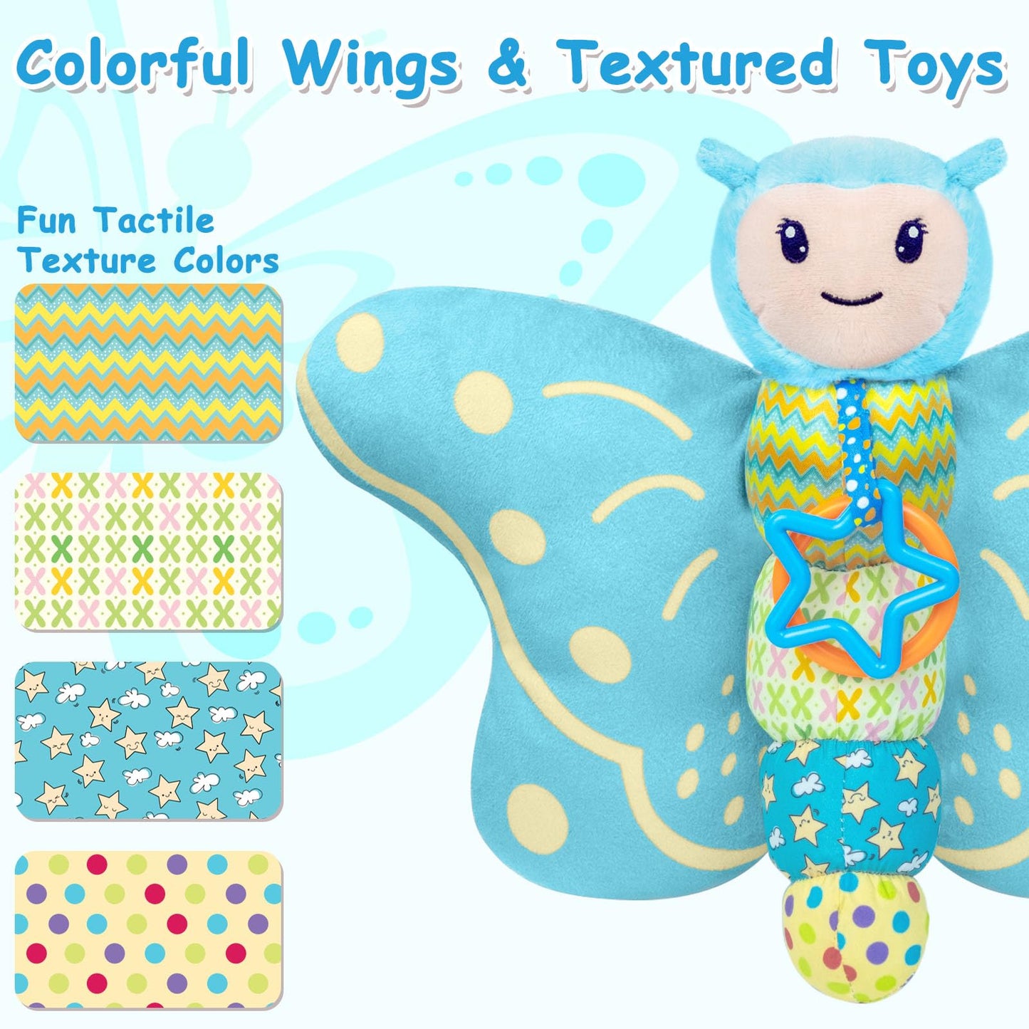 Baby Toys 0-6 Months,Infant Musical Sensory Stuffed Animal with Squeaker,Rattle,Crinkle Wings,Teether & Hanging Ring,Tummy Time Toy for Newborn 0-3-6-12 Months Boys & Girls Gift,Butterfly,Blue