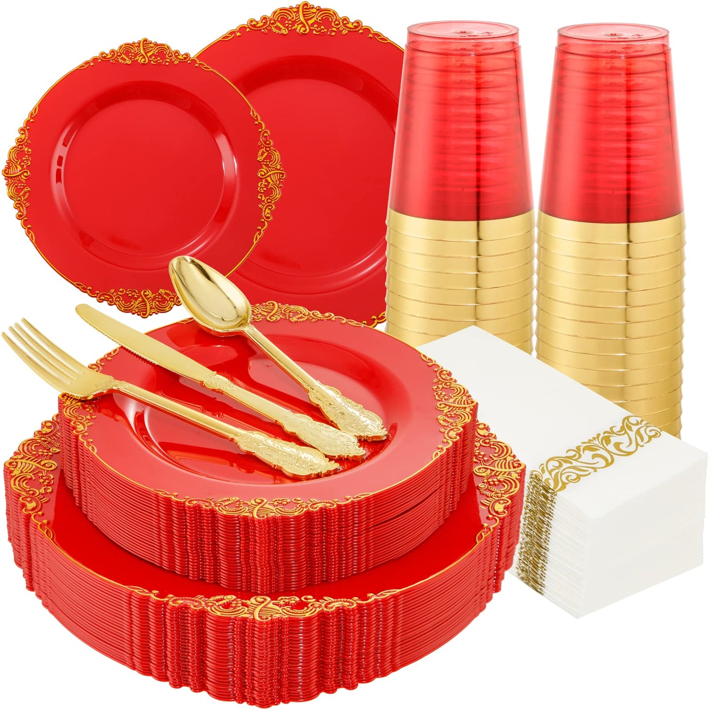 Morejoy 175PCS Rose Gold & Silver Plastic Dinnerware Set: 25 Plates, 25 Forks, 25 Knives, 25 Spoons, 25 Cups, 25 Napkins - Perfect for Wedding & Party