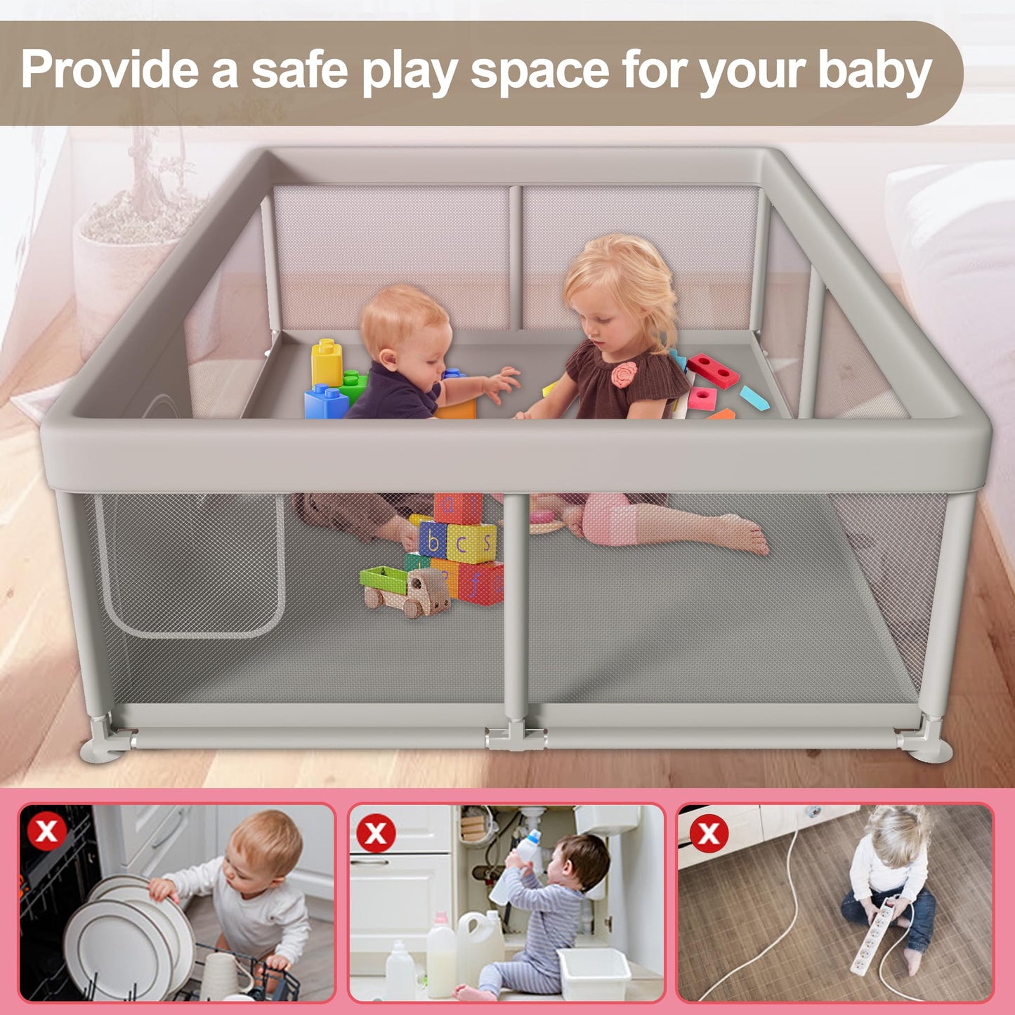 Baby Playpen 50x50 Inch, Play Pens for Babies and Toddlers Baby Fence Baby Play Yards for Indoor & Outdoor with Breathable Mesh Anti-Fall Playpen