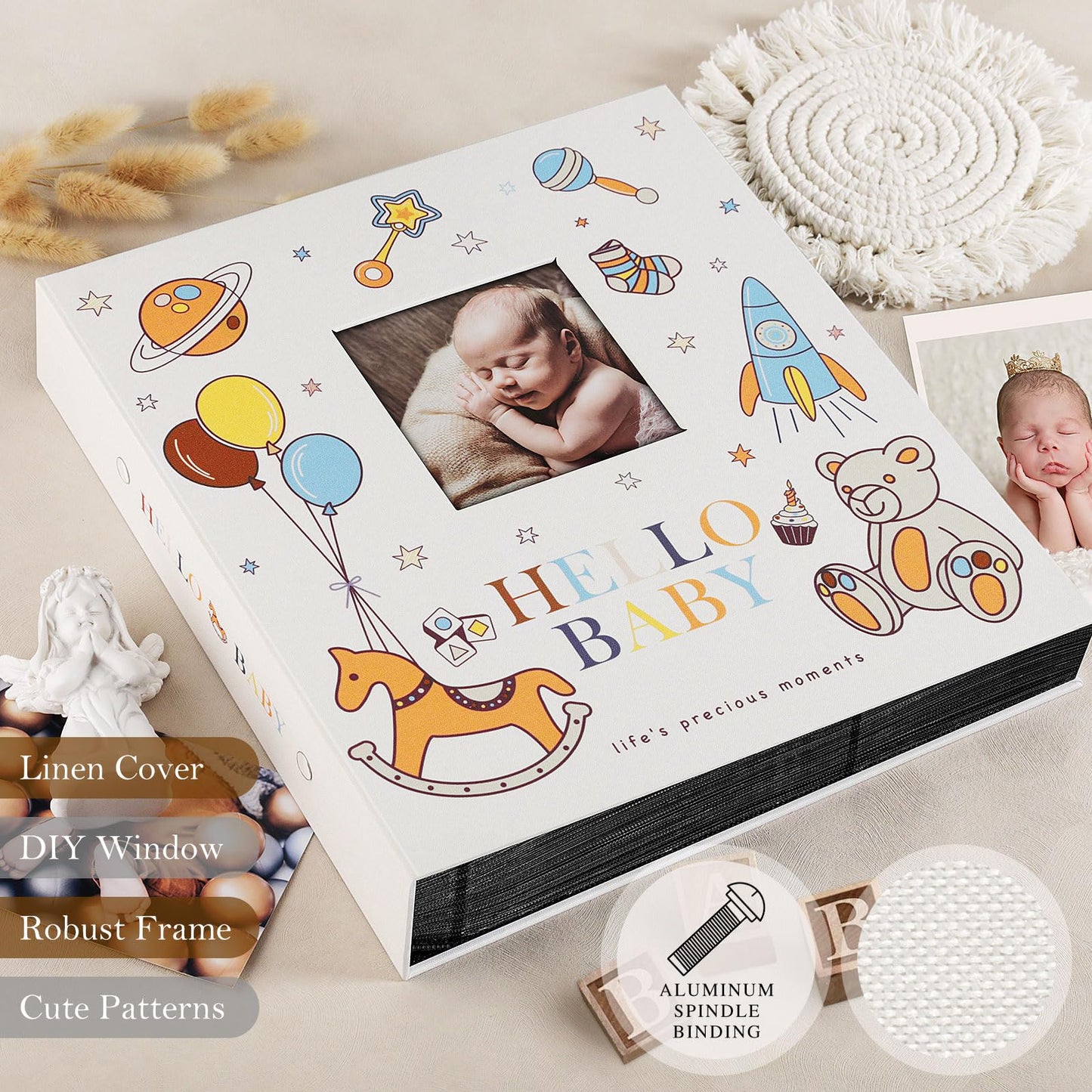 Lanpn Baby Photo Album 4x6 300 Pockets, Linen Newborn Bebe Ultrasound Photo Album with Memo Writing Area, Cover Photo Book, Picture Album for kids, Baby Girl Boy Memory Book Keepsake Colorful