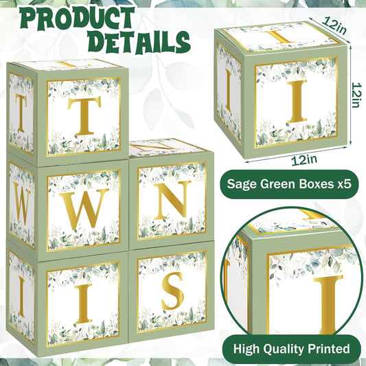 Marspark 5 Pcs Twins Baby Shower Boxes Decorations Supplies Sage Green Baby Boxes for Twins Balloon Boxes Gender Reveal Baby Shower Birthday Party Favors