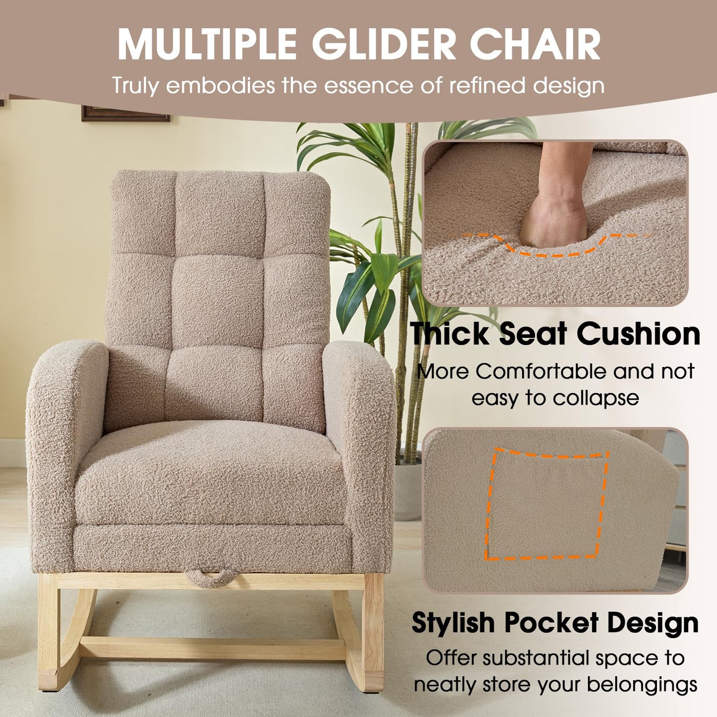 NIOIIKIT Modern Nursery Rocking Chair, Teddy Upholstered Rocking Chair with Footrest, Comfortable Glider Rocker with Side Pocket for Living Room, Bedroom, Nursing Room (Beige)