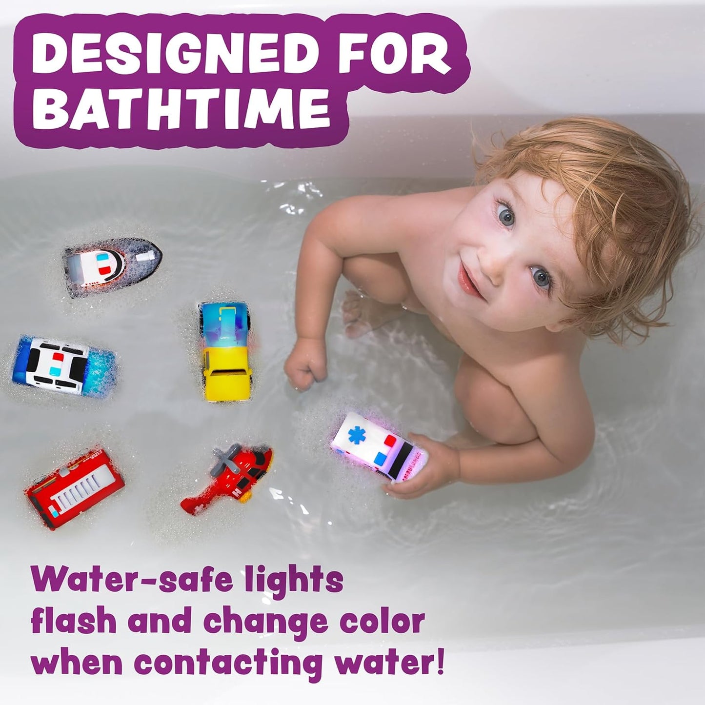 Tub Works® Emergency™ Cars Light Up Bath Toys, 6 Pack | Water-Activated Light Up Toys Flash & Change Color | Soft, Squeezable Baby & Toddler Bath Toys | Sensory Toys with Bath Lights for Kids Bath