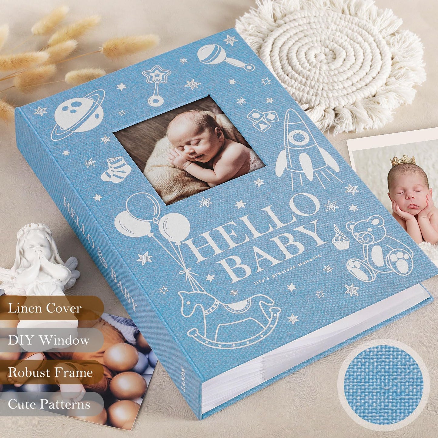 Lanpn Baby Photo Album 4x6 300 Pockets, Linen Newborn Bebe Ultrasound Photo Album with Memo Writing Area, Cover Photo Book, Picture Album for kids, Baby Girl Boy Memory Book Keepsake Colorful