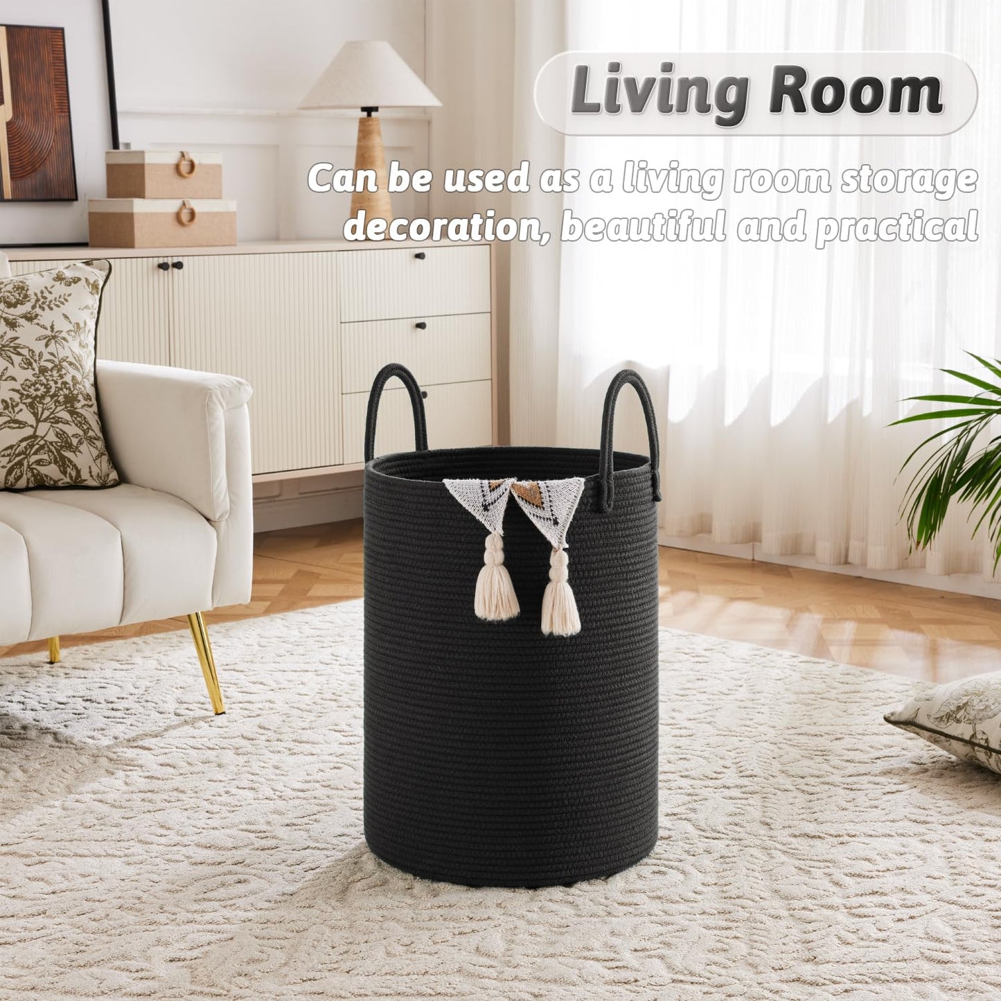 Laundry Basket,Woven Cotton Rope Laundry Hamper,60L for Decor Storage of Dirty Clothes,Toys and Blankets in Bathroom,Baby Room and Living Room