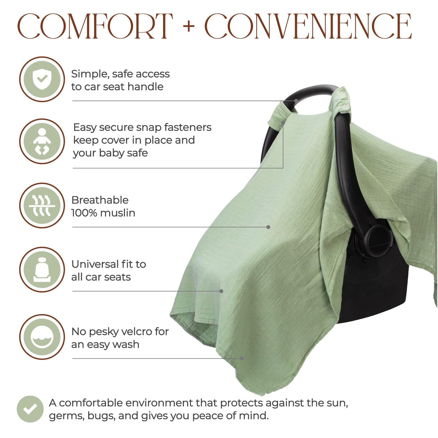 Comfy Cubs Baby Car Seat Cover - Soft, Breathable Bamboo Rayon and Muslin Cotton Blend - Lightweight Canopy for Sun, Bug, and Comfort Protection - Large Size Infant Seat Cover in Sage Design
