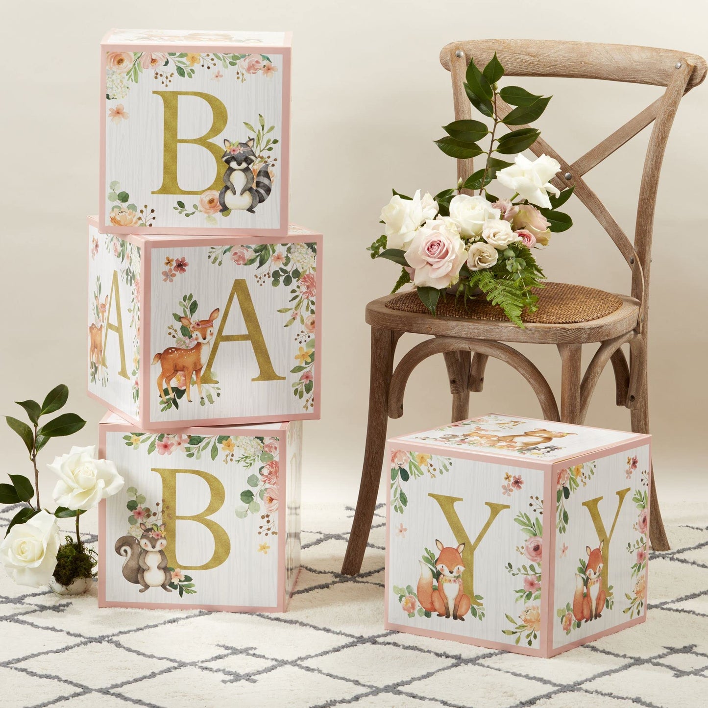 Kate Aspen Woodland Baby Shower Boxes with Letters for Baby Shower Gender Reveal Decorations Photo Prop & Forest Animal Nursery Decor (Set of 4 Blocks Spells Baby)