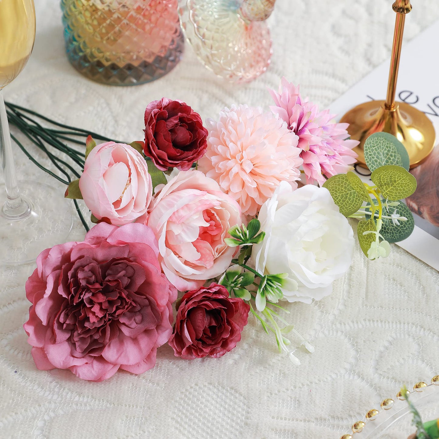 Artificial Flowers Combo, Fake Flowers for DIY Tables Centerpieces Baby Shower Bridal Shower Wedding Bouquet Arrangements Party Candle Holder Cake Decor Flower Home Decorations