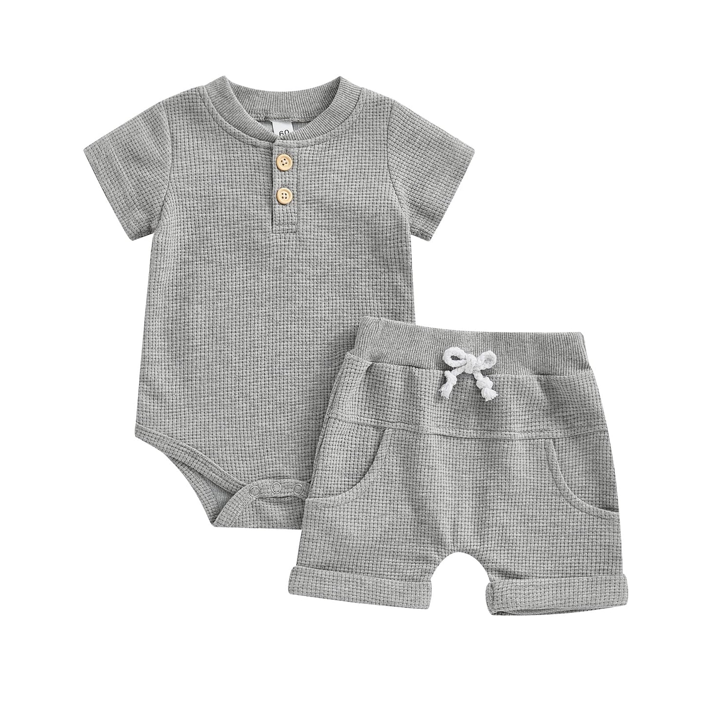 Kuriozud Newborn Baby Boy Summer Clothes Button Short Sleeve Romper Bodysuit Shorts Set Toddler Soft Waffle Outfit